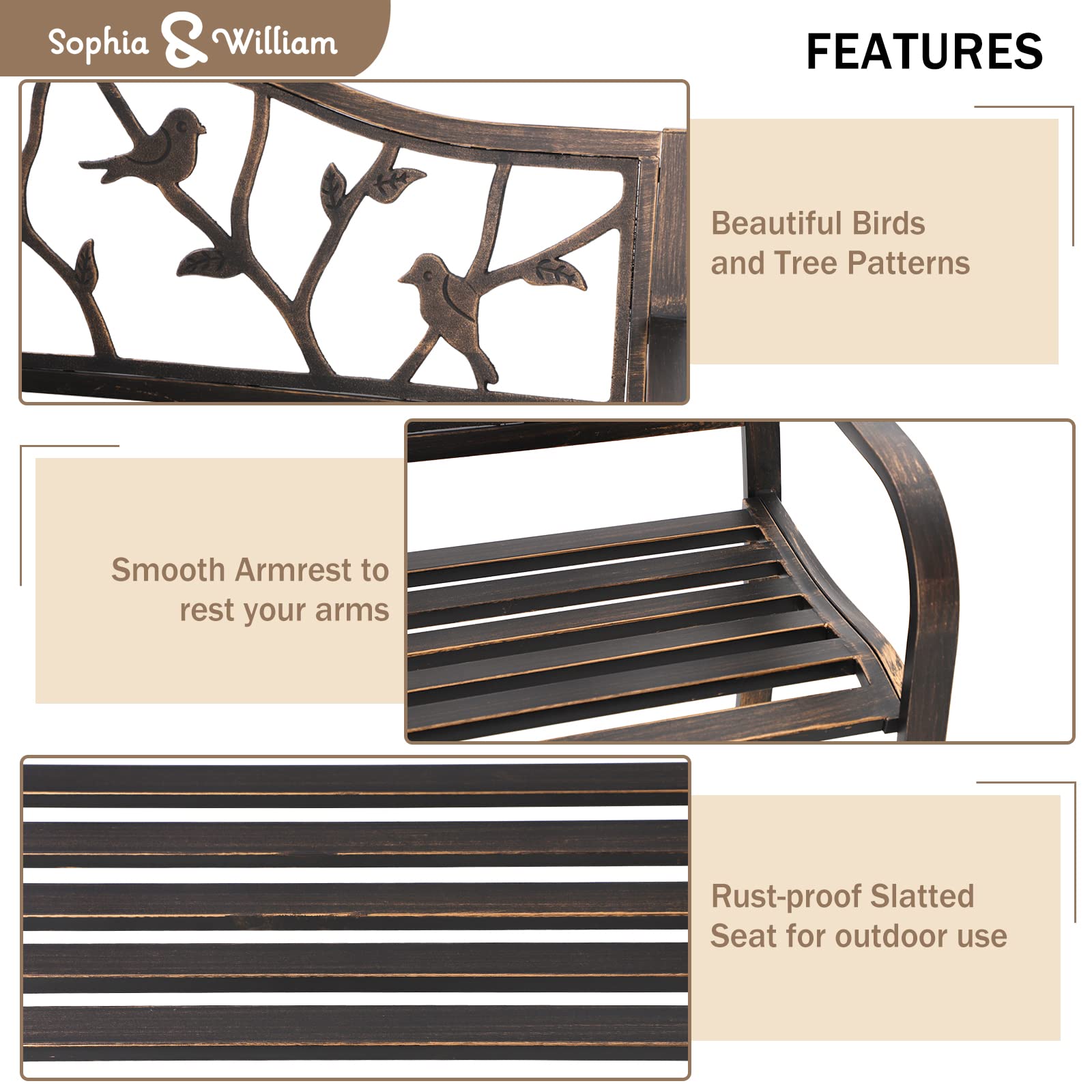 Sophia & William Wrought Iron Outdoor Bench with Backrest & Armrests - Patio, Porch, Garden Seating Furniture in Bronze Finish for Relaxing Outdoors