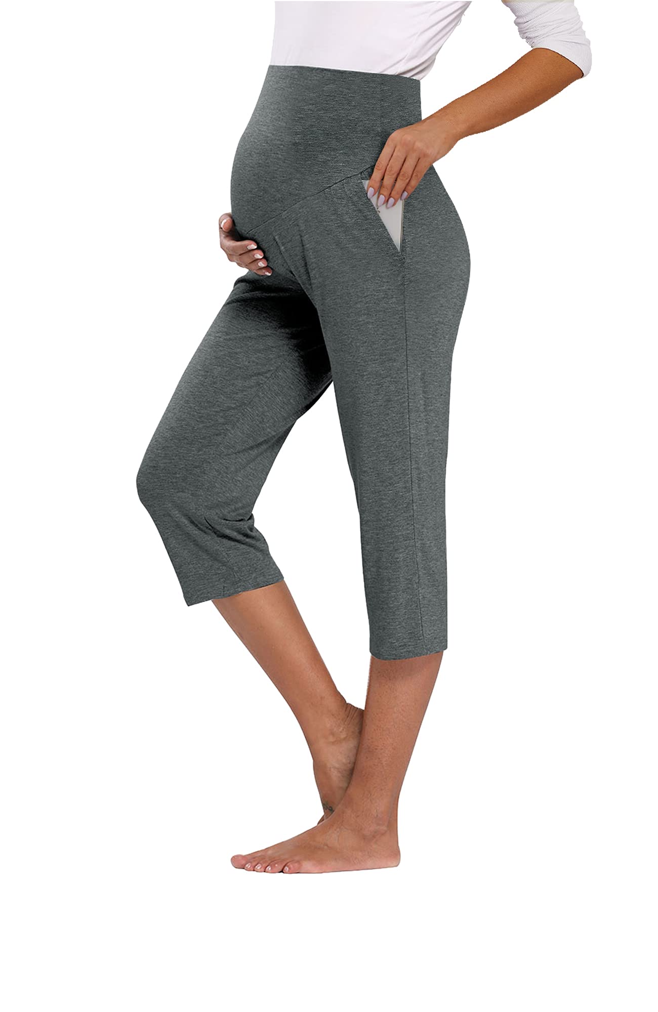 AMPOSH Women's Maternity Capri Pants - Stretchy Lounge Pants for Pregnancy, Comfortable Yoga Shorts with Soft Fabric - Perfect for Relaxing at Home, Prenatal Yoga & Everyday Wear