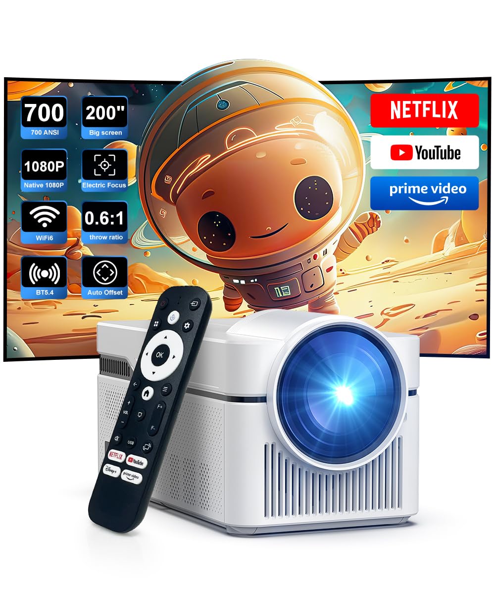 4K Short Throw Projector with WiFi & Bluetooth - Smart Home Theater Projector with Electric Focus & 8W Stereo Speakers for Bedroom, Outdoor Movie Nights, Gaming and Presentations - HY450NTV