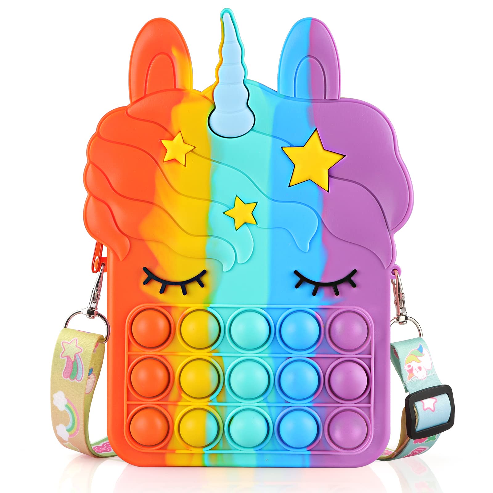 VOFUOE Pop Purse for Girls - Large Rainbow Push Bubble Shoulder Bag, Fidget Toy Crossbody Purse for Stress Relief - Perfect Gift for Kids (Rainbow) | Great for School, Travel & Sensory Play