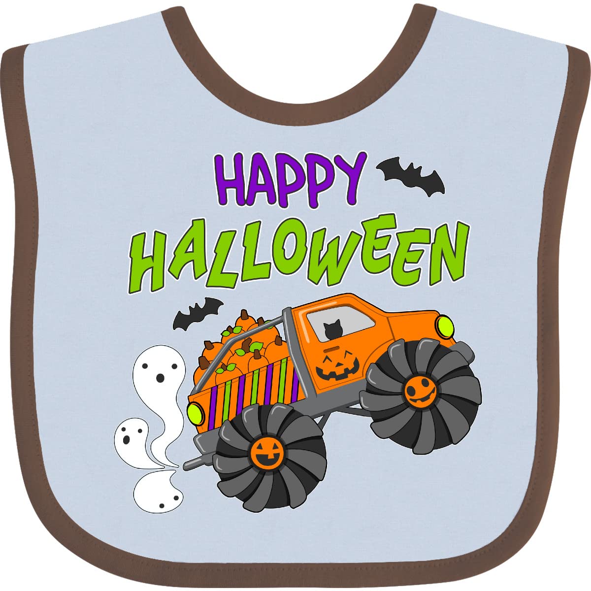 Inktastic Happy Halloween Monster Truck with Pumpkins, Bats & Cat - Cute Baby Bib for Halloween Costume & Party Outfits