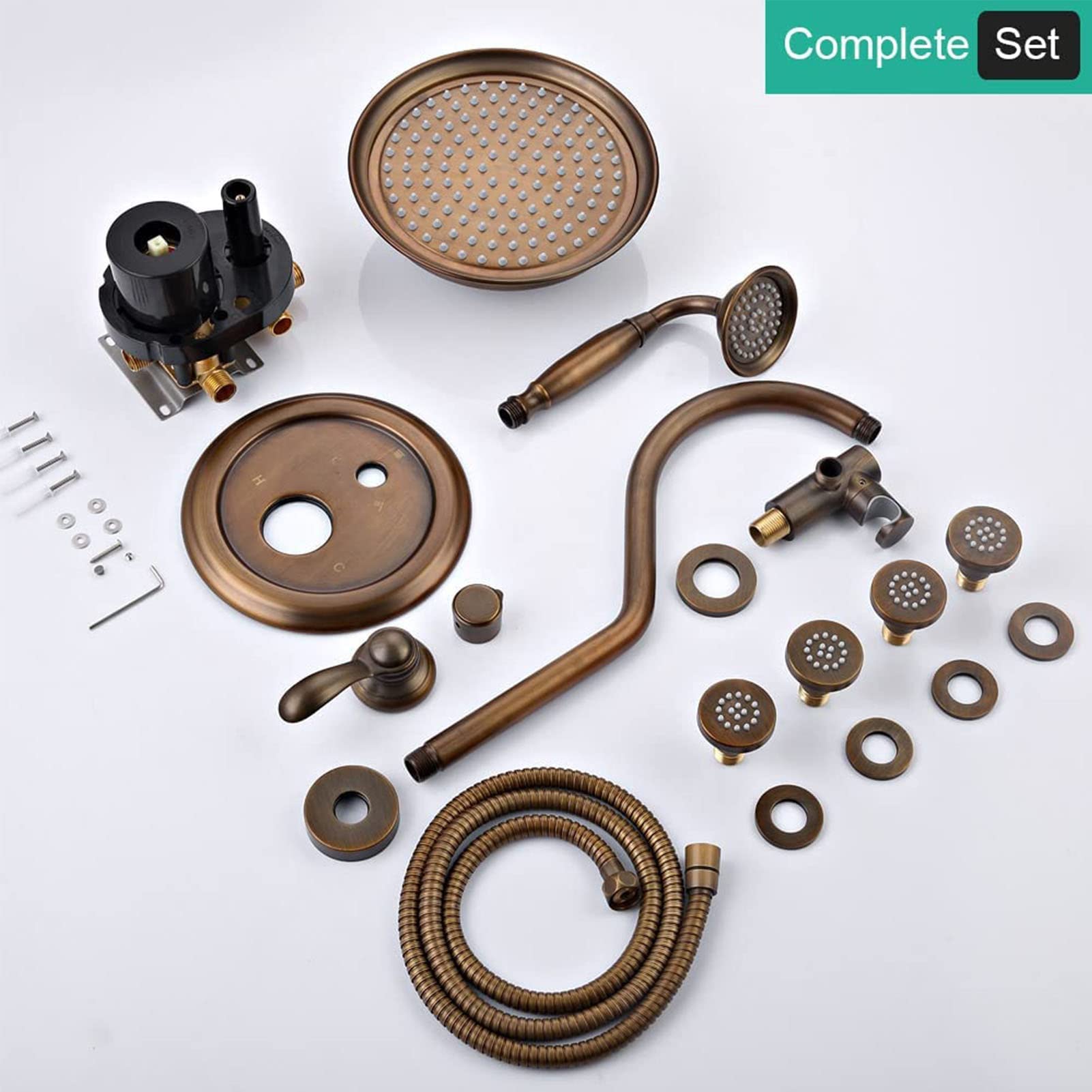 Vintage Brass Shower System - 9 Inch Rainfall Shower Head with Handheld Spray & Body Jets, Wall Mounted Bathroom Mixer Tap Set for Luxury Spa Experience at Home