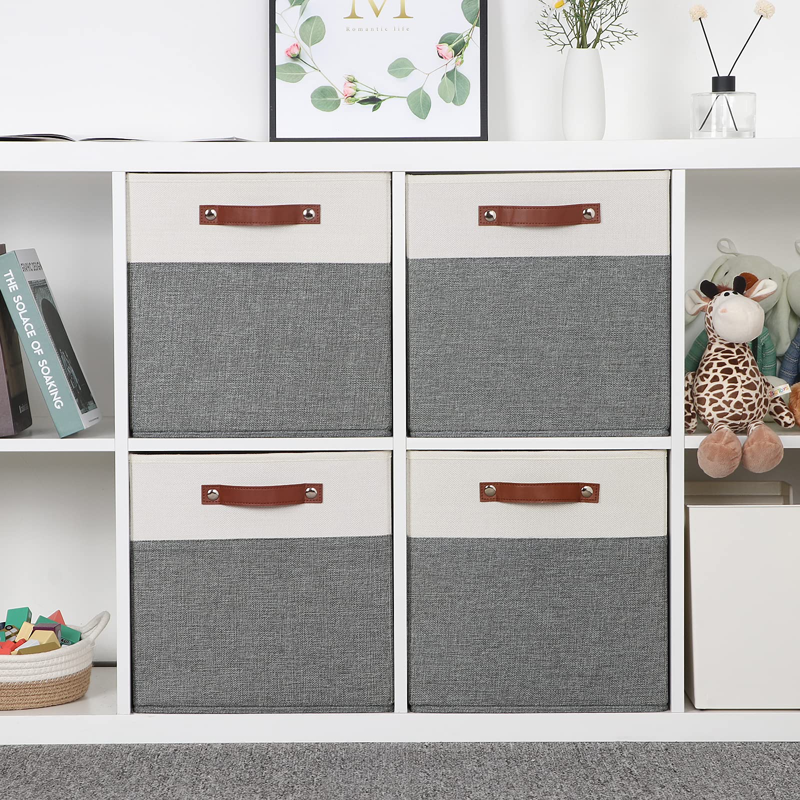 Temary 13x13 Storage Cubes 4 Pack - Large Fabric Cube Storage Bins with Leather Handles, Foldable Cloth Baskets for Shelves - Perfect for Organizing Closet, Clothes, Toys & Home Decor - Ideal for Bedroom, Nursery & Office Organization