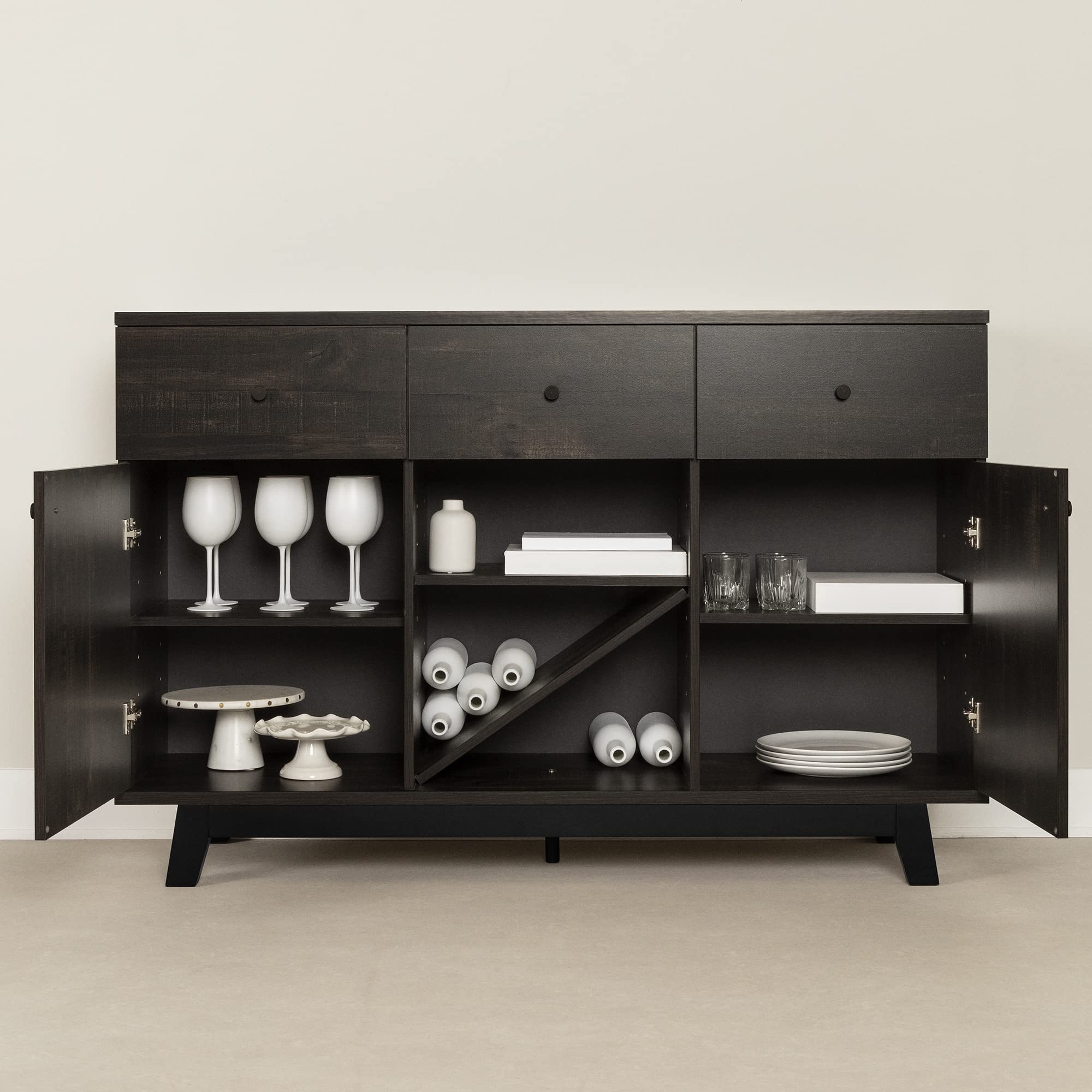 South Shore Bellami Buffet with Wine Storage - Rubbed Black Finish Sideboard for Dining Room & Living Room | Perfect for Entertaining & Home Organization