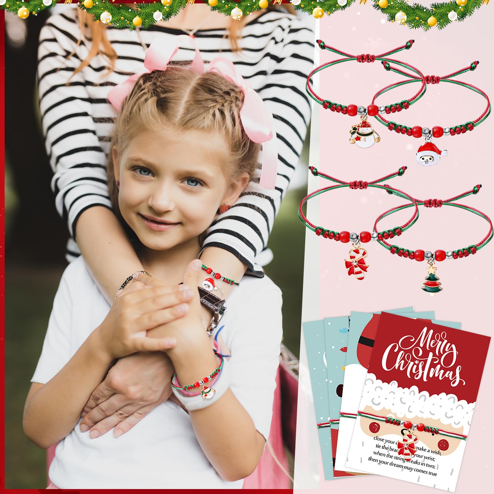 48 Pcs Christmas Bracelet Bulk Pack - Adjustable Xmas Tree, Santa, Snowman & Candy Cane Holiday Bracelets with Merry Christmas Wish Cards - Perfect for Students, Classroom Gifts, Holiday Parties & Christmas Favors (Great for School Supplies, Office Celebrations & Festive Gift Exchanges)