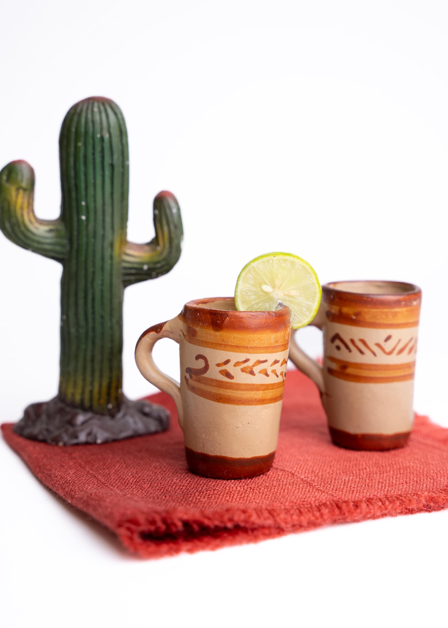 Premium Tequila Shot Glasses Set of 4 - Authentic Mexican Terracotta Clay Cups (2oz) - Handcrafted Barro Canelo with Handle - Perfect for Cinco de Mayo, Margarita Parties & Mexican-Themed Events