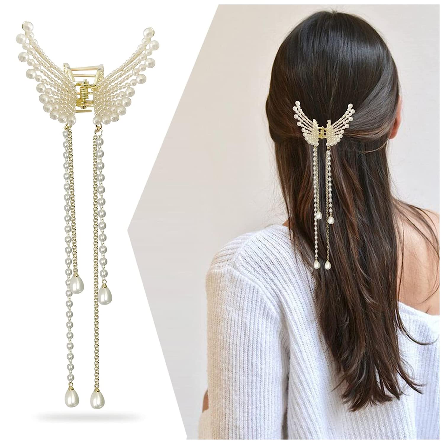 KIDZOO Pearl Butterfly Hair Claw Clip for Women & Girls - Elegant Stone Hair Accessories for Wedding, Party & Everyday Use - Metal Hair Clutcher with Butterfly Design
