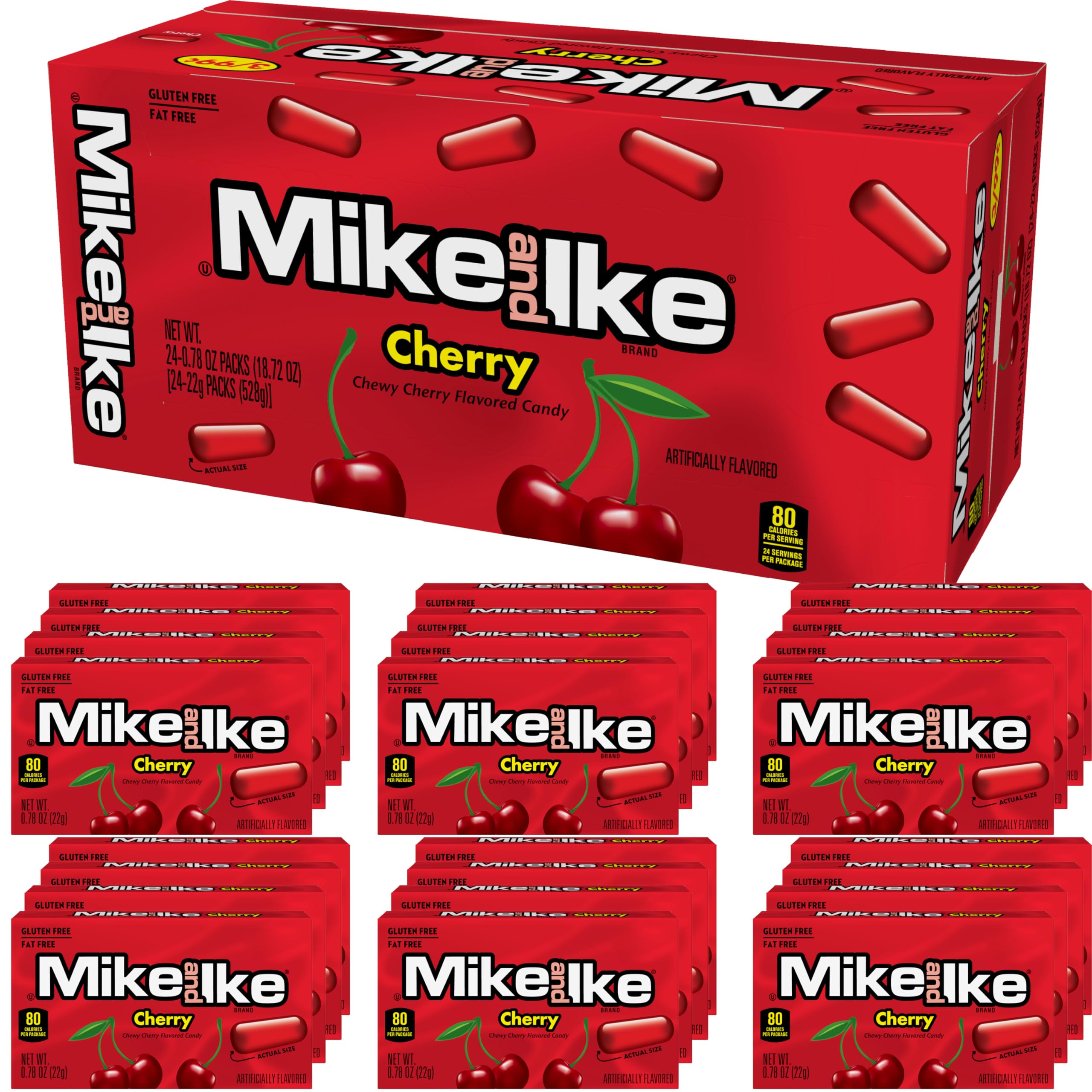 Mike & Ike Cherry Candy 24-Pack - Chewy Red Candy for Vending Machines & Snacking