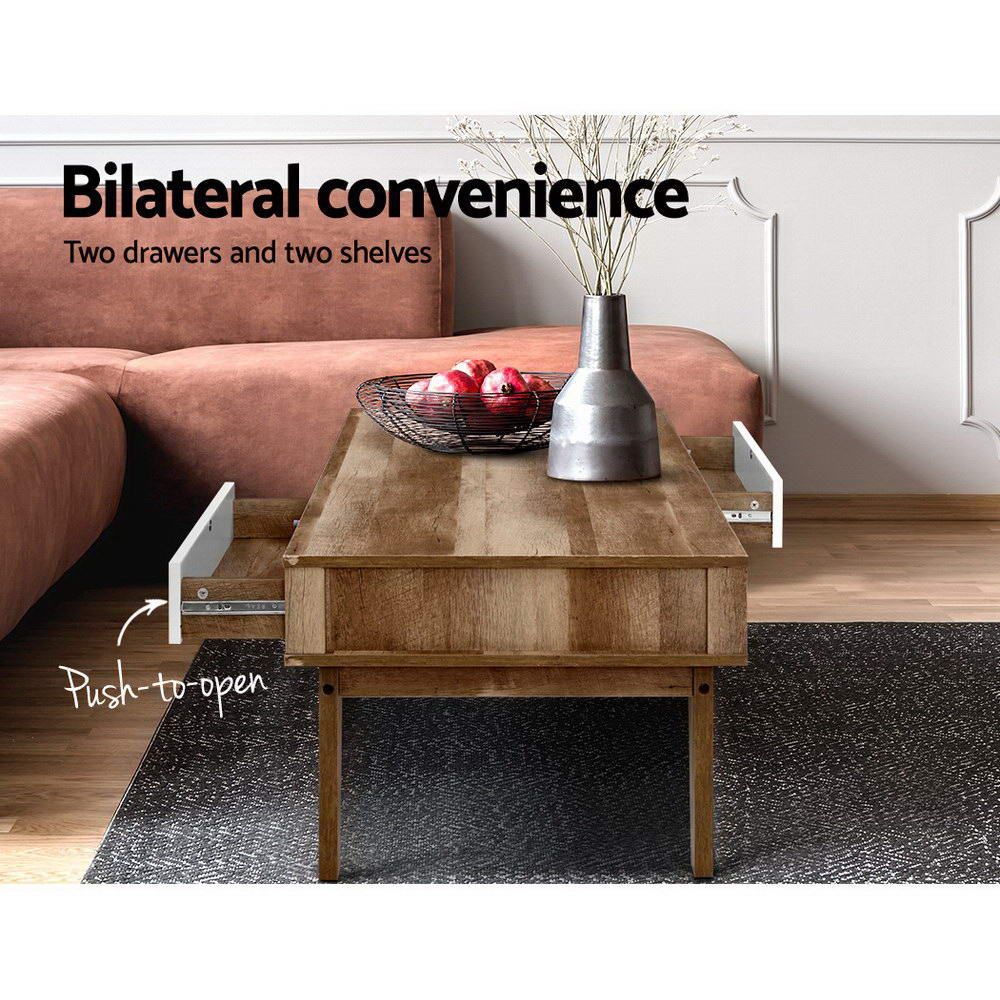 Modern Scandinavian White Wooden Coffee Table with 2 Storage Drawers & Open Shelf - Perfect for Living Room, Lounge & Small Space Decor
