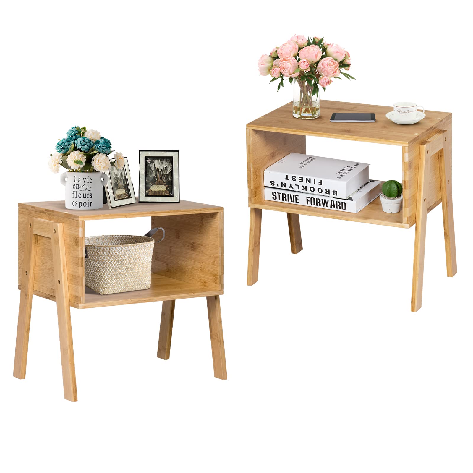 GORELAX Set of 2 Bamboo Nightstands with Open Storage Shelf - Stackable Narrow Rectangular Rustic Wood End Tables for Small Spaces - Perfect for Bedroom, Living Room, Apartment & Dorm Organization