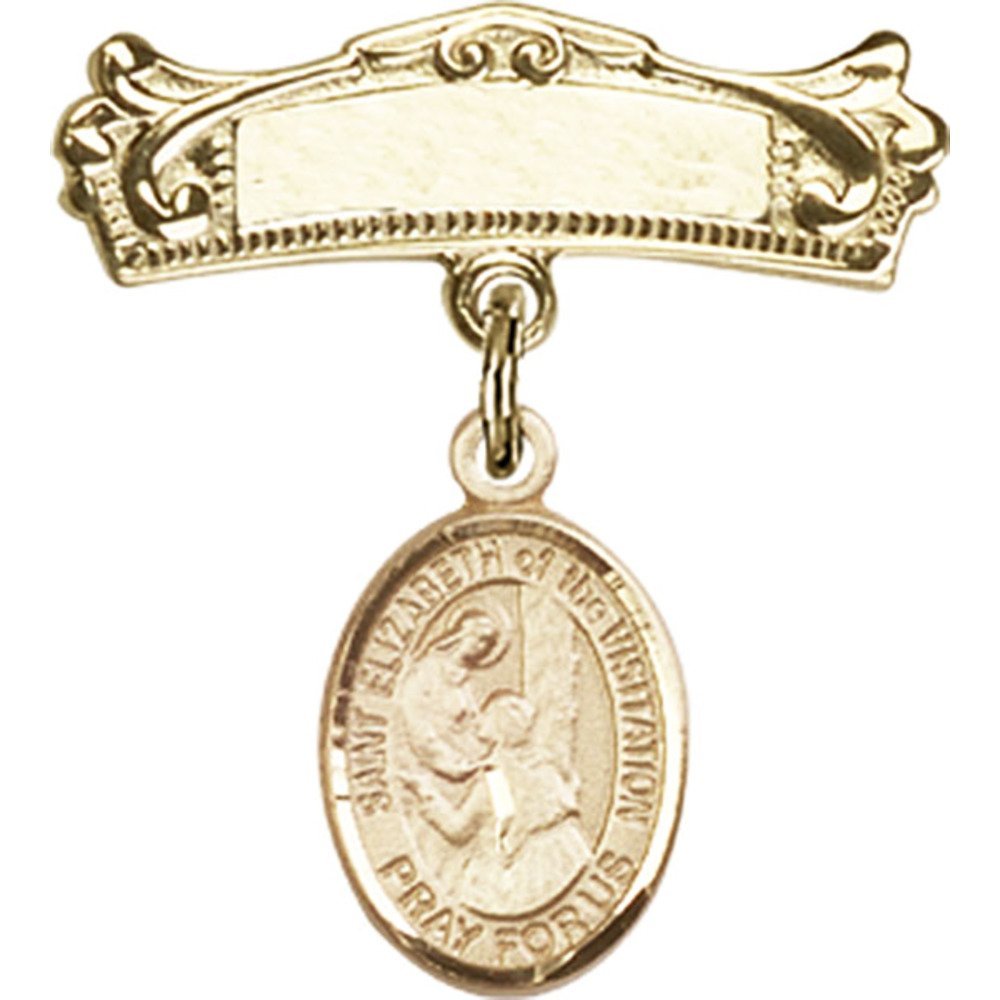 Gold Filled Baby Badge with St. Elizabeth of The Visitation Charm - 7/8 X 3/4 Inch Arched Polished Pin for Christening, Baptism & First Communion Gifts