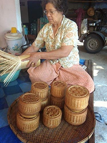 Handmade Thai-Lao Bamboo Sticky Rice Steamer Basket Set - 5-Piece Traditional Kitchen Cookware for Perfect Sticky Rice & Steaming Vegetables | Ideal for Asian Cooking, Camping & Outdoor Picnics