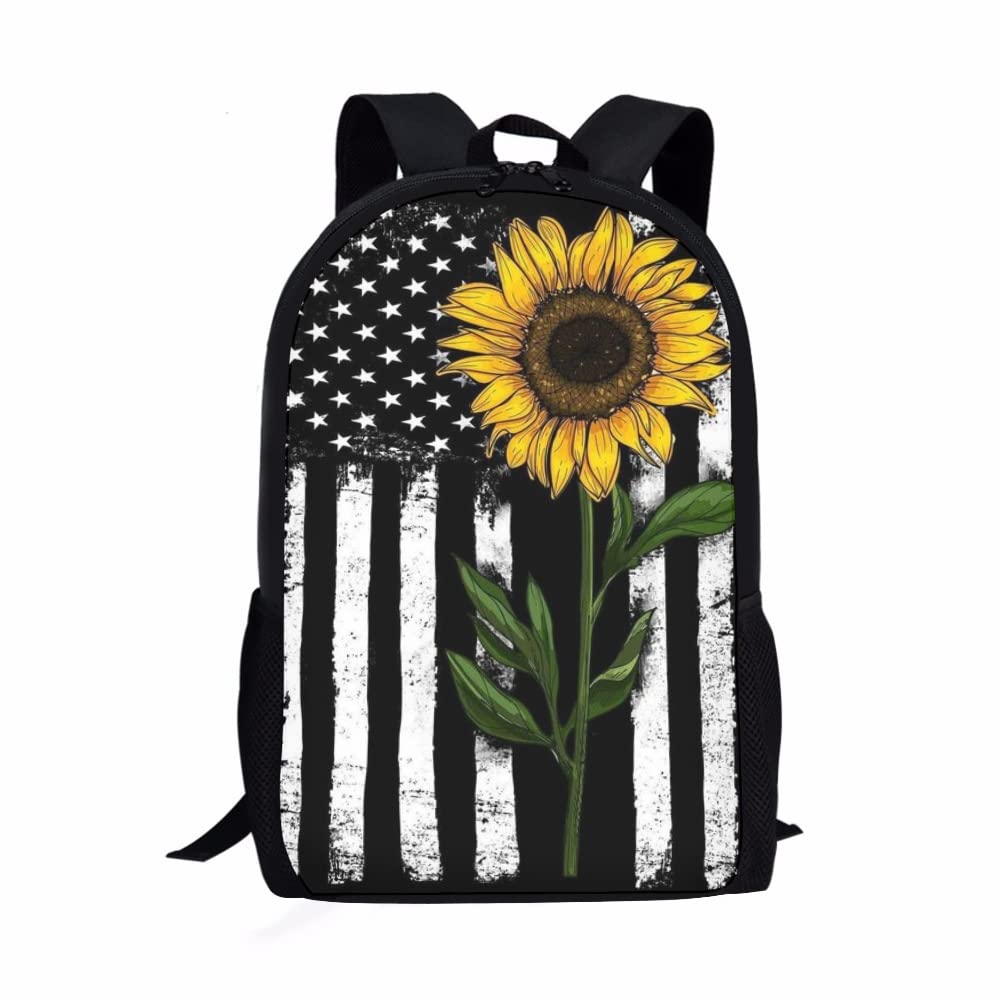 UNICEU Sunflower American Flag Backpack - Adjustable Shoulder Strap Laptop Bookbag for School, College, Travel & Sports | Durable Daypack for Students, Commuters & Outdoor Adventures
