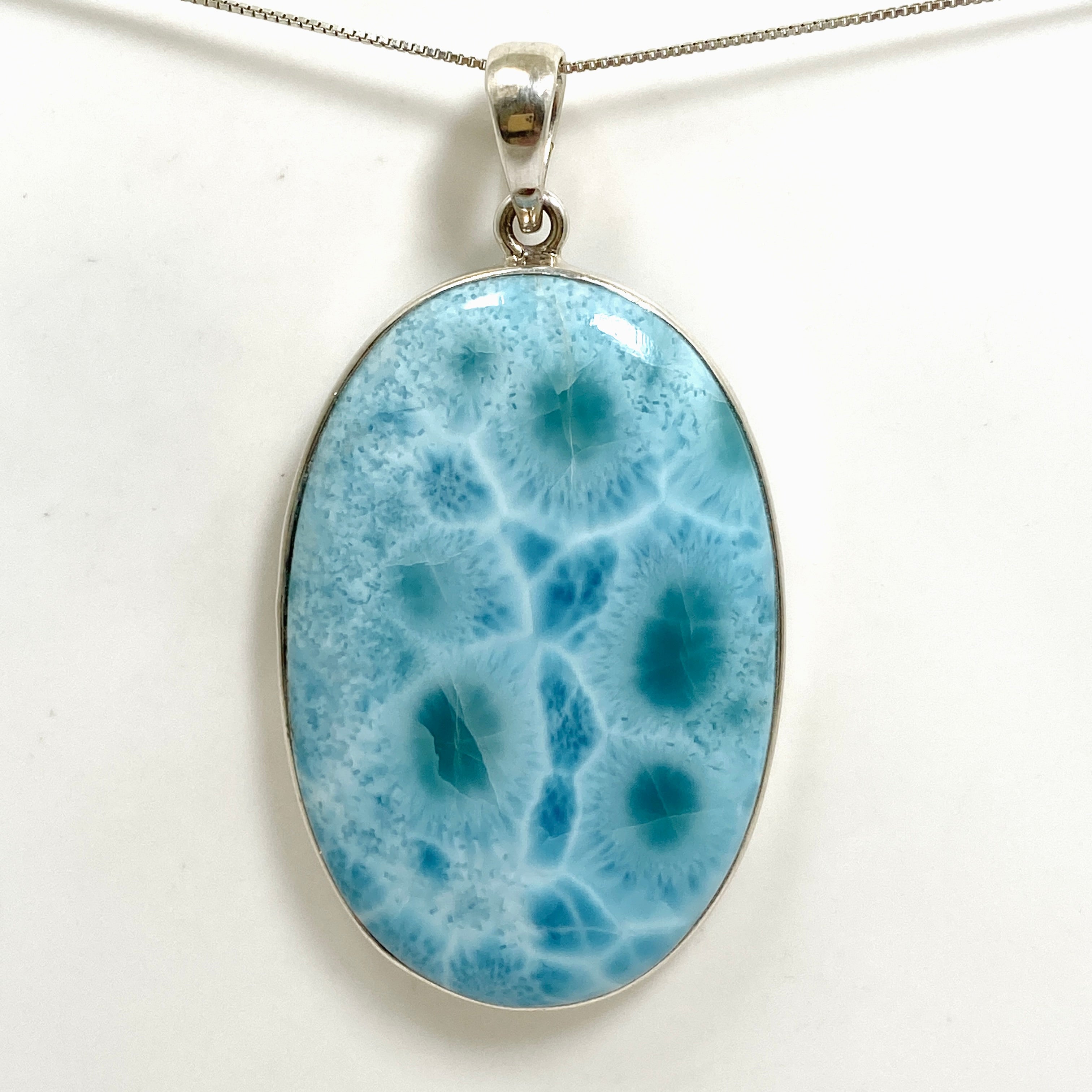 Natural Larimar Oval Cabochon Pendant Necklace - Genuine Blue Stone Jewelry for Women - Perfect for Beach Vacations & Boho Fashion