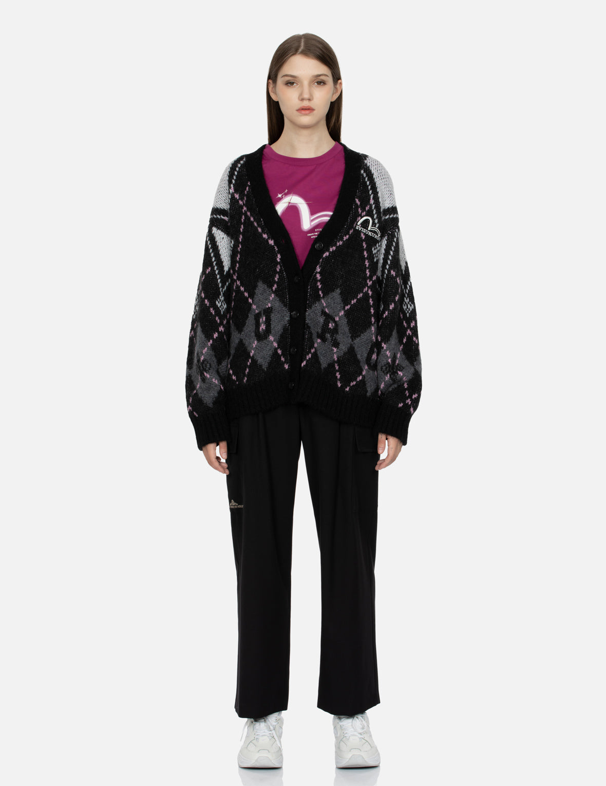 Stylish Logo & Seagull Embroidered Argyle Cardigan Sweater - Cozy Relaxed Fit Knitwear for Men & Women | Perfect for Casual Outings, Office Wear & Autumn Layering
