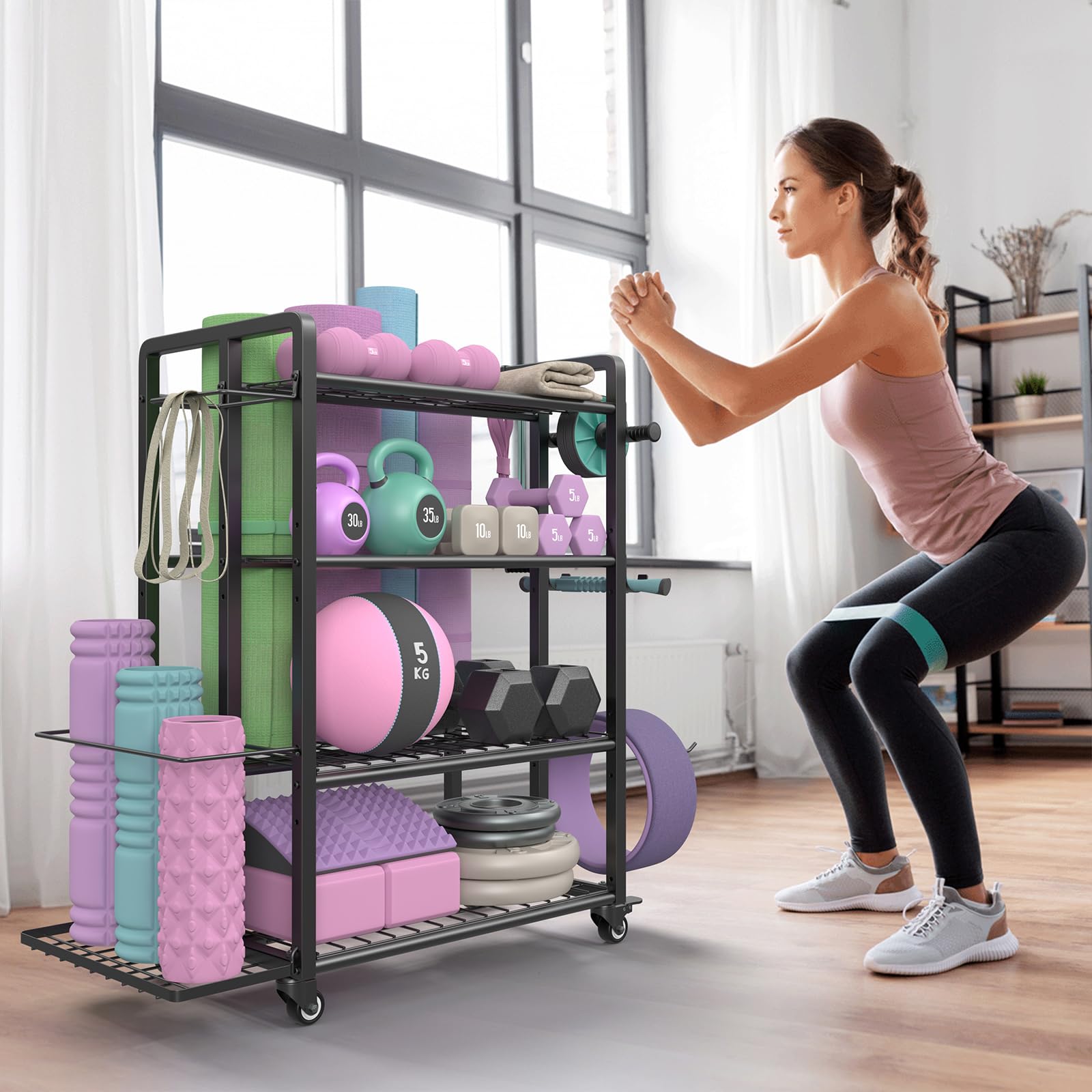 4-Tier Heavy Duty Dumbbell Rack Stand - 600LB Capacity Adjustable Weight Storage for Dumbbells & Kettlebells - Home Gym Equipment with Wheels & Hooks - Powder Coated Steel - Perfect for Garage, Basement & Home Workout Spaces