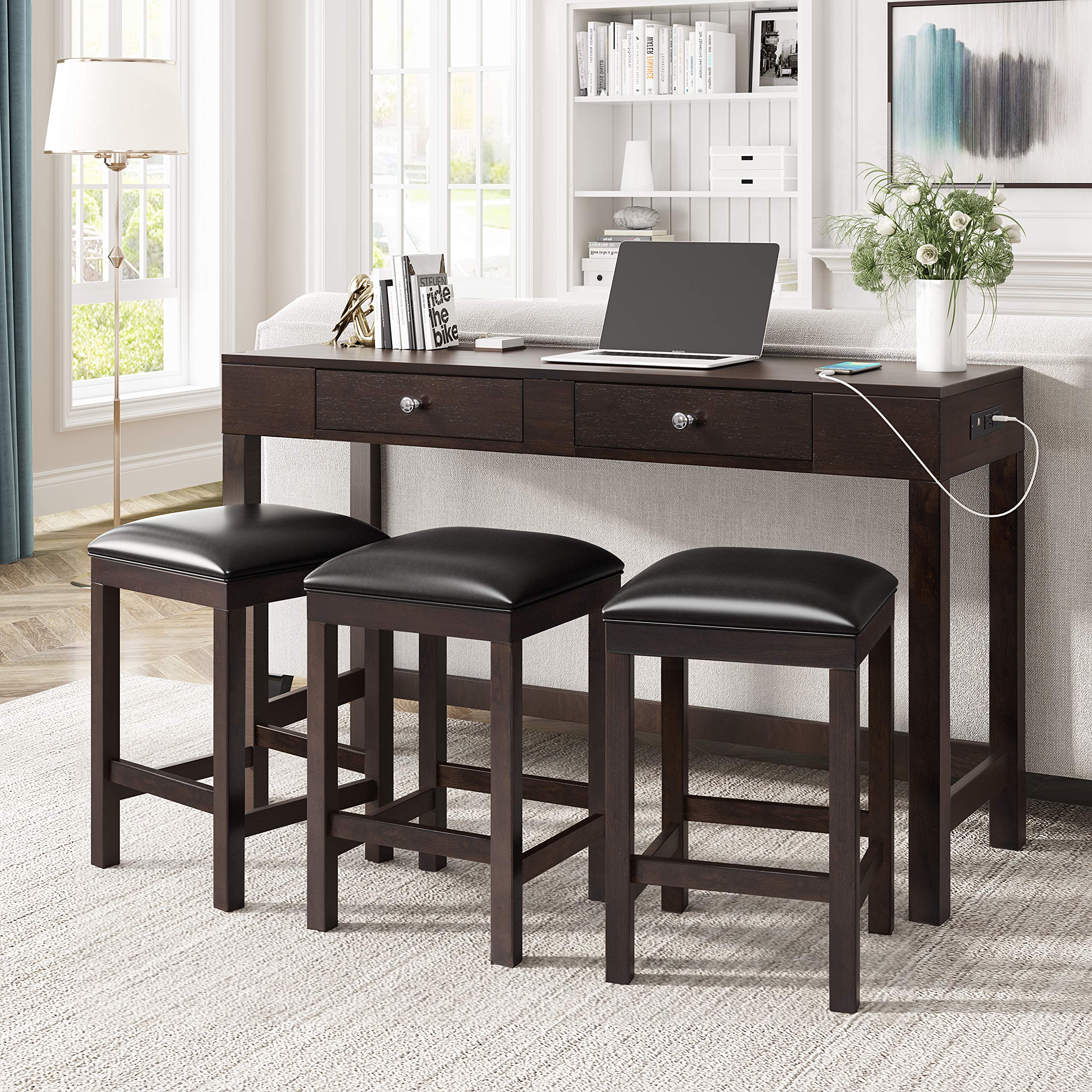 4-Piece Counter Height Table & Chair Set with 1 Table, 3 Leather Padded Stools, USB Socket, Storage Drawers for Kitchen, Dining Room, Espresso Finish – Perfect for Small Spaces, Breakfast Nooks, and Modern Homes