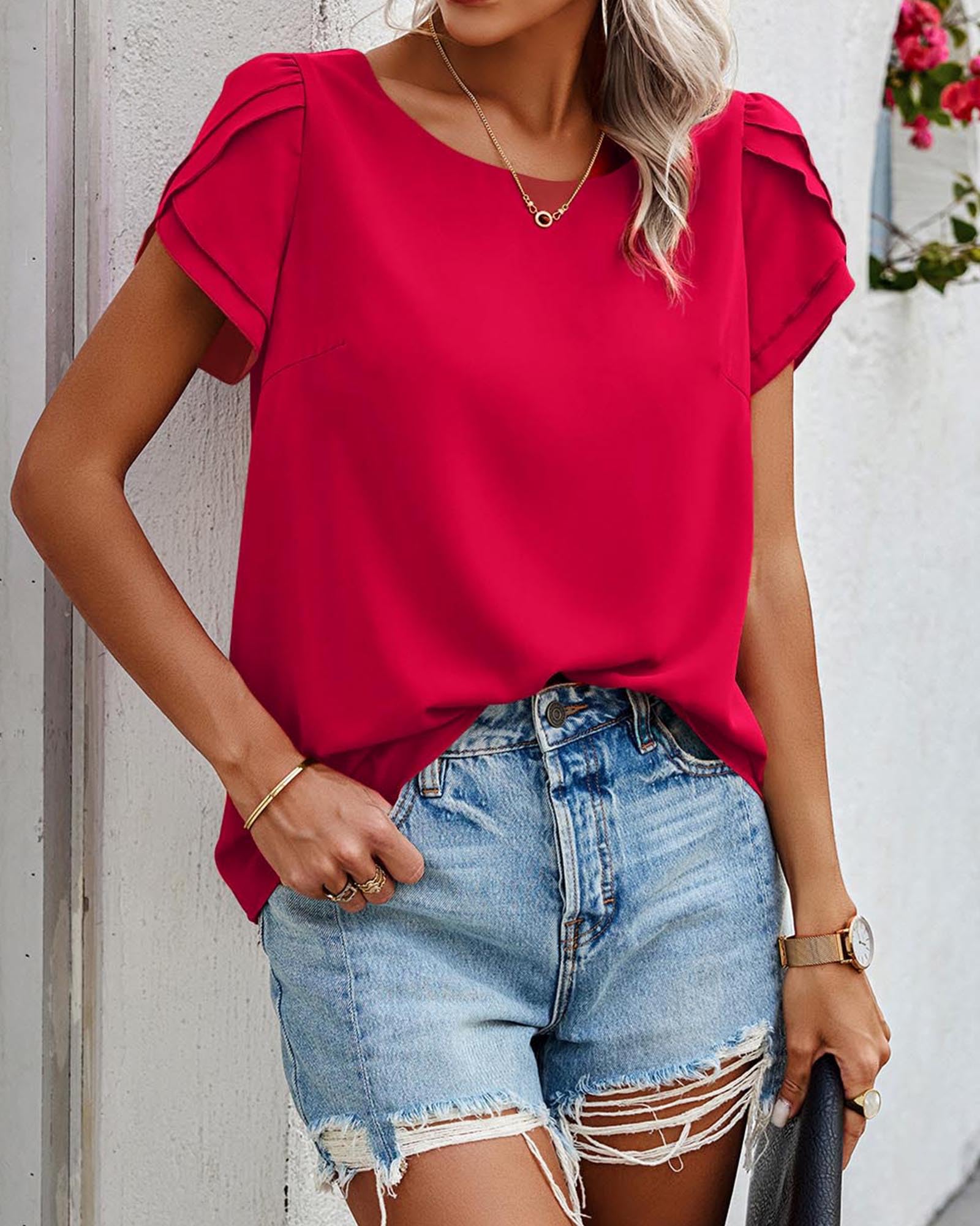 KIRUNDO Women's Tops 2025 Spring Summer Fashion - Ruffle Short Sleeve Blouse, Casual & Dressy Crewneck Shirt for Work, Office & Everyday Wear | Loose Fit Comfortable Summer Clothes