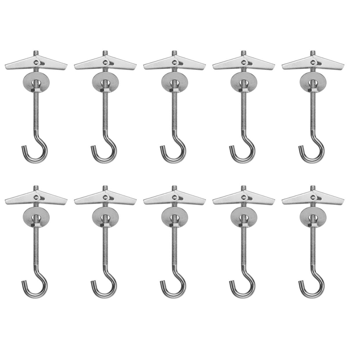 Heavy Duty Stainless Steel Ceiling Hooks 10Pcs - 10KG Toggle Hangers for Drywall, Porch & Outdoor Use - Rustproof Anchor Hooks for Hanging Plants, Lights & Decor