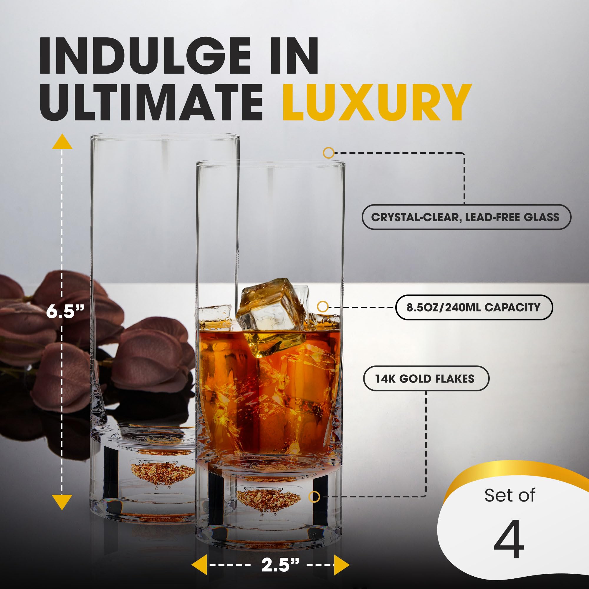 Premium Gold Flake Highball Glasses Set of 4 - 8.5oz Elegant Cocktail & Tom Collins Glasses for Whiskey, Gin, Mojito - Perfect for Home Bars, Parties & Gifts