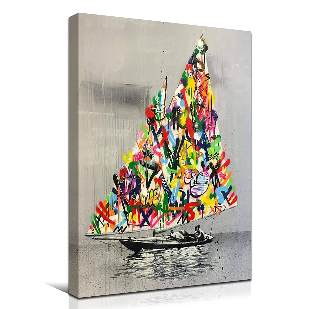 GUBIYU Modern Sailing Boat Canvas Wall Art - 24x36 Inch Framed Graffiti Painting for Living Room, Office & Home Decor | Nautical Themed Wall Decor for Coastal & Contemporary Interiors