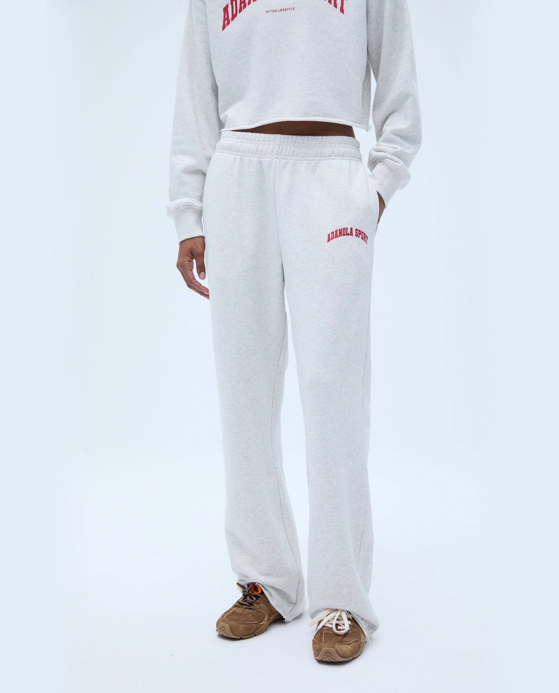 AS Raw Hem Straight Leg Sweatpants for Women - Light Grey Melange & Classic Red | Casual Lounge Pants for Yoga, Running & Everyday Wear