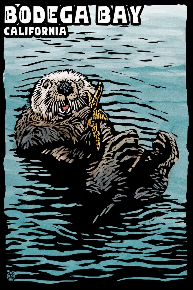 Bodega Bay California Sea Otter Scratchboard Art Print - 12x18 Inch Coastal Wildlife Wall Decor for Living Room, Beach House & Office