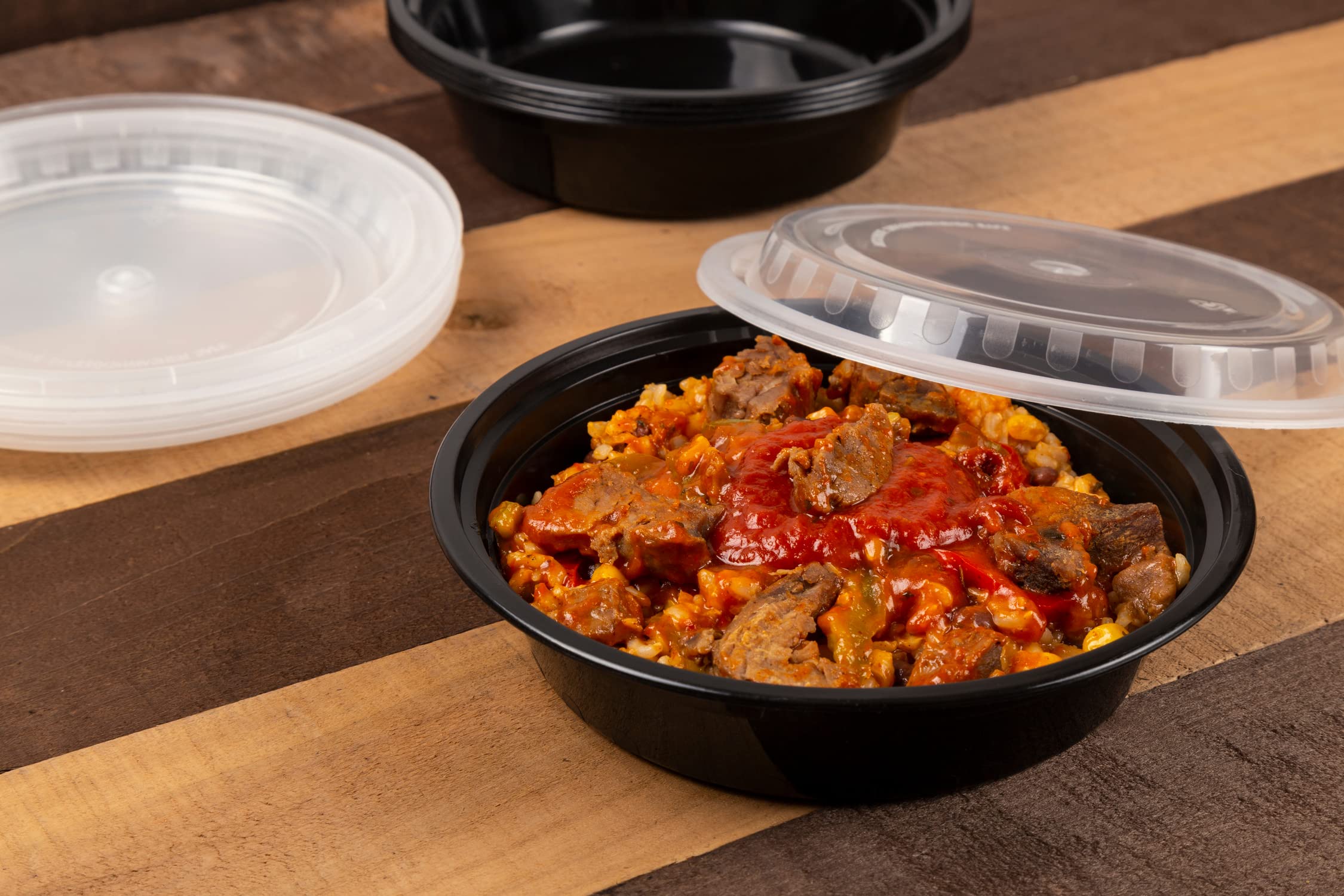 AmerCare 7-Inch Round Black Plastic Food Storage Containers with Lids - 32 oz Microwave & Freezer Safe - Bulk Pack of 150 - Perfect for Meal Prep, Leftovers & Restaurant Takeout