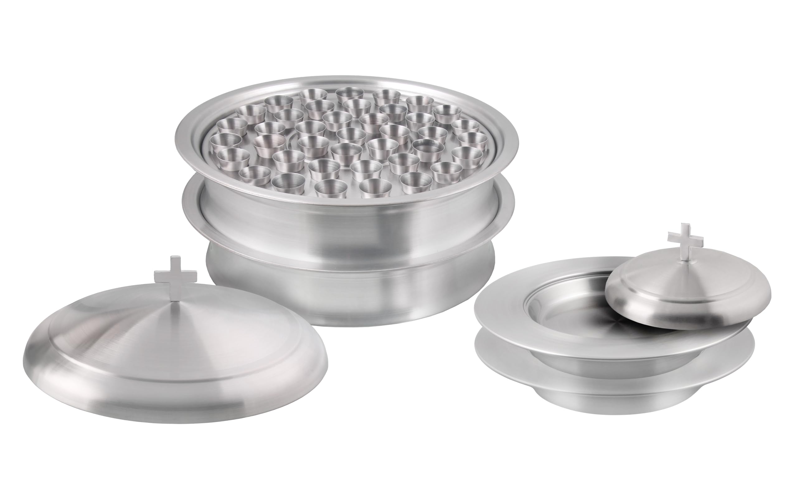 Stainless Steel Communion Set - 2 Holy Wine Serving Trays with Lids & 2 Stacking Bread Plates with Lids + 80 Cups - Matte Finish for Church Services, Religious Ceremonies, and Christian Events