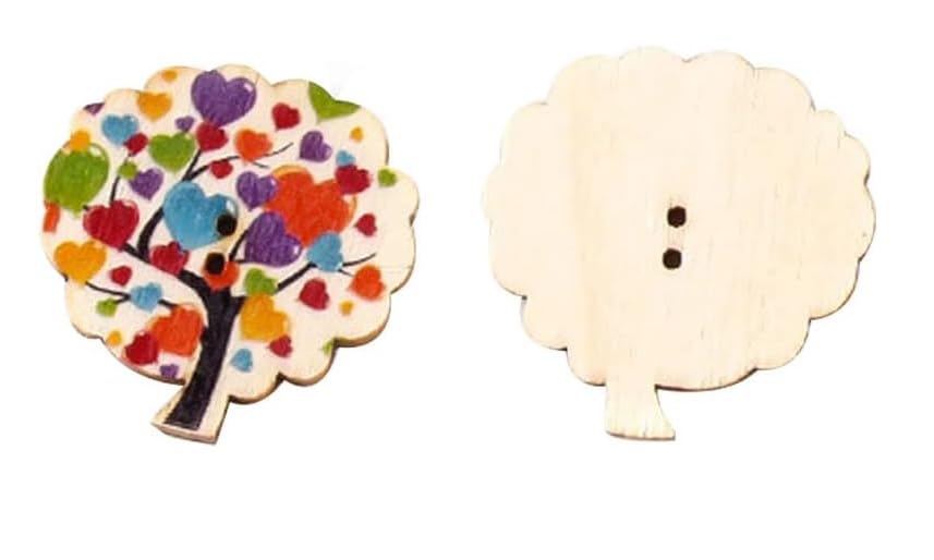 AKOAK 50 Pcs Natural Wood Buttons - 2-Hole DIY Craft Buttons with Tree, Heart & Flower Designs for Sewing, Scrapbooking, Home Decor - Perfect for DIY Projects, Gift Wrapping & Handmade Cards