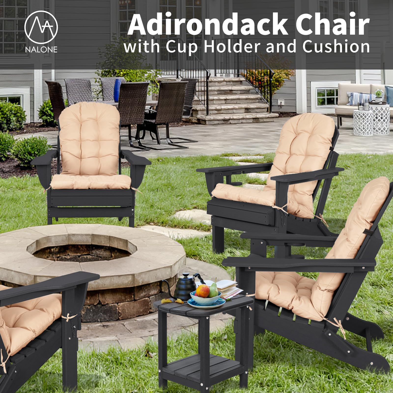 Nalone Folding Adirondack Chair with Cushion & Cup Holder - HDPE Plastic Oversized Weather-Resistant Outdoor Patio Chair for Deck, Garden, Fire Pit, Camping & Backyard Relaxation (Black)