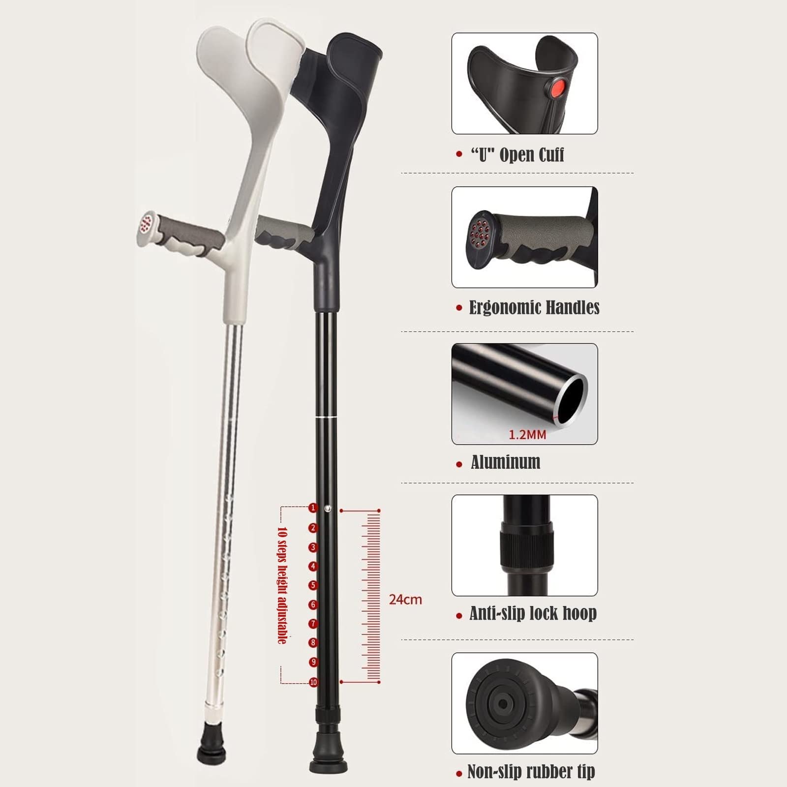 STXMY Ergonomic Folding Forearm Crutches for Adults - Lightweight Aluminum Arm Cuff Crutch (2 Pack, Open Cuff) - Heavy Duty Support for Standard & Tall Adults - Black - Perfect for Mobility Assistance, Injury Recovery & Daily Use