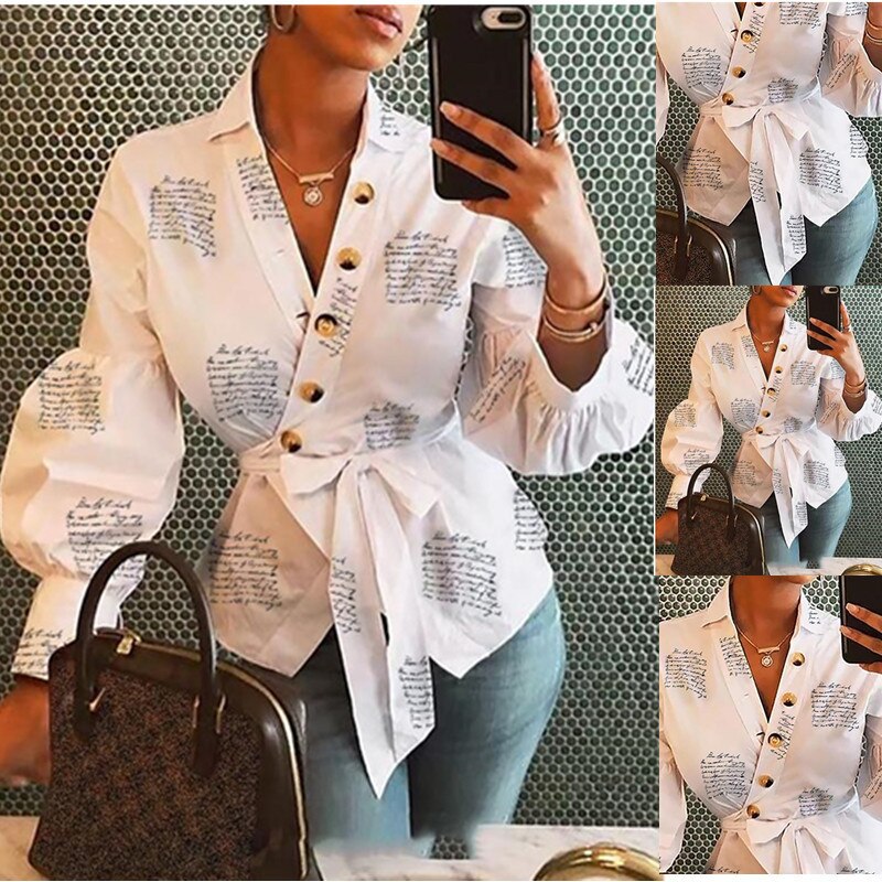 Lovevop Women's V-Neck Lantern Sleeve Blouse with Sash & Button Print - Elegant Office & Casual Tops for Spring/Summer | Perfect for Workwear, Date Nights & Special Occasions
