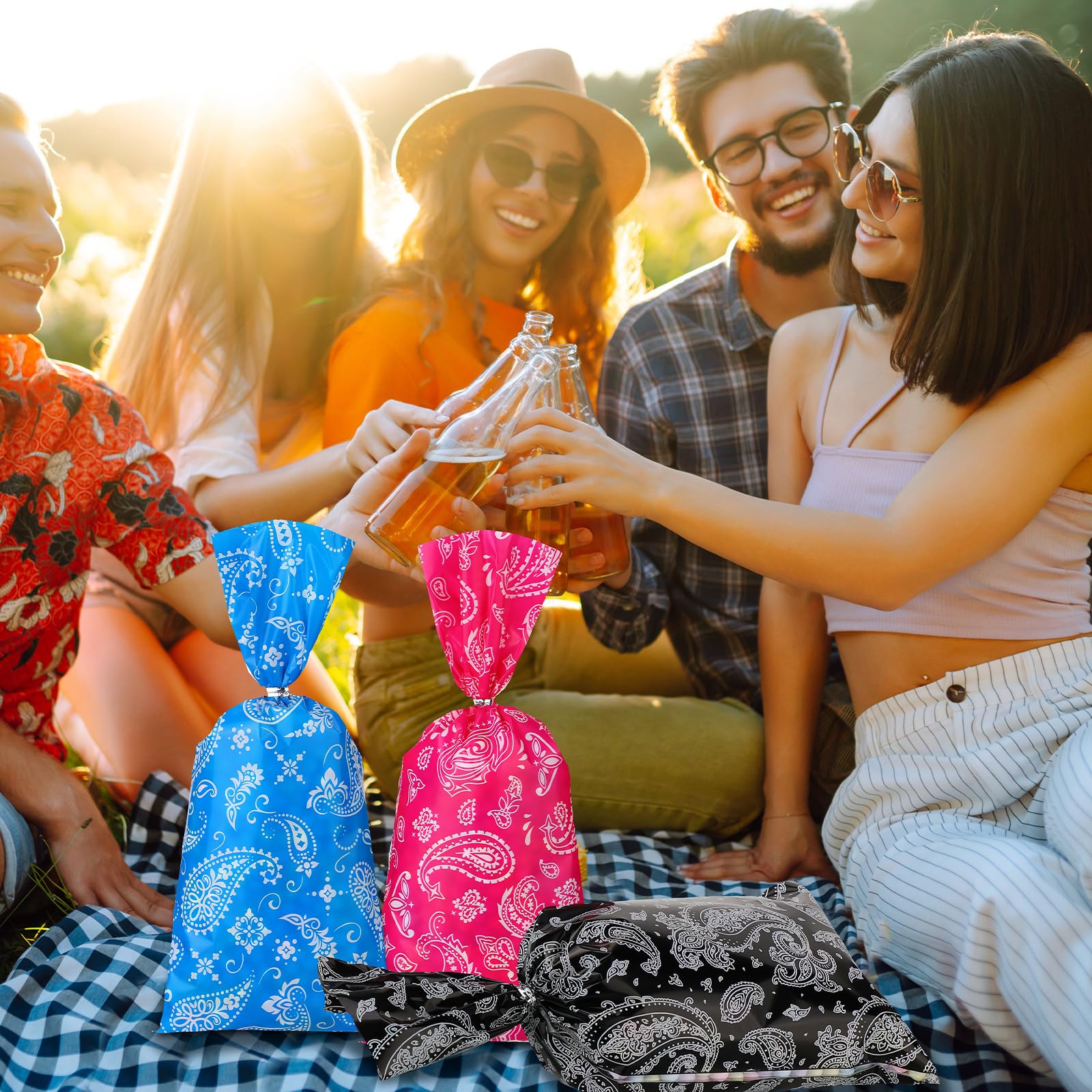 Yeaqee 100 Pcs Western Cowboy Goodie Bags with Bandana Print & Ties - Rodeo Party Treat Bags for Candy, Gifts & Decorations | Perfect for Western Themed Birthday Parties, Rodeo Events & Cowboy Celebrations