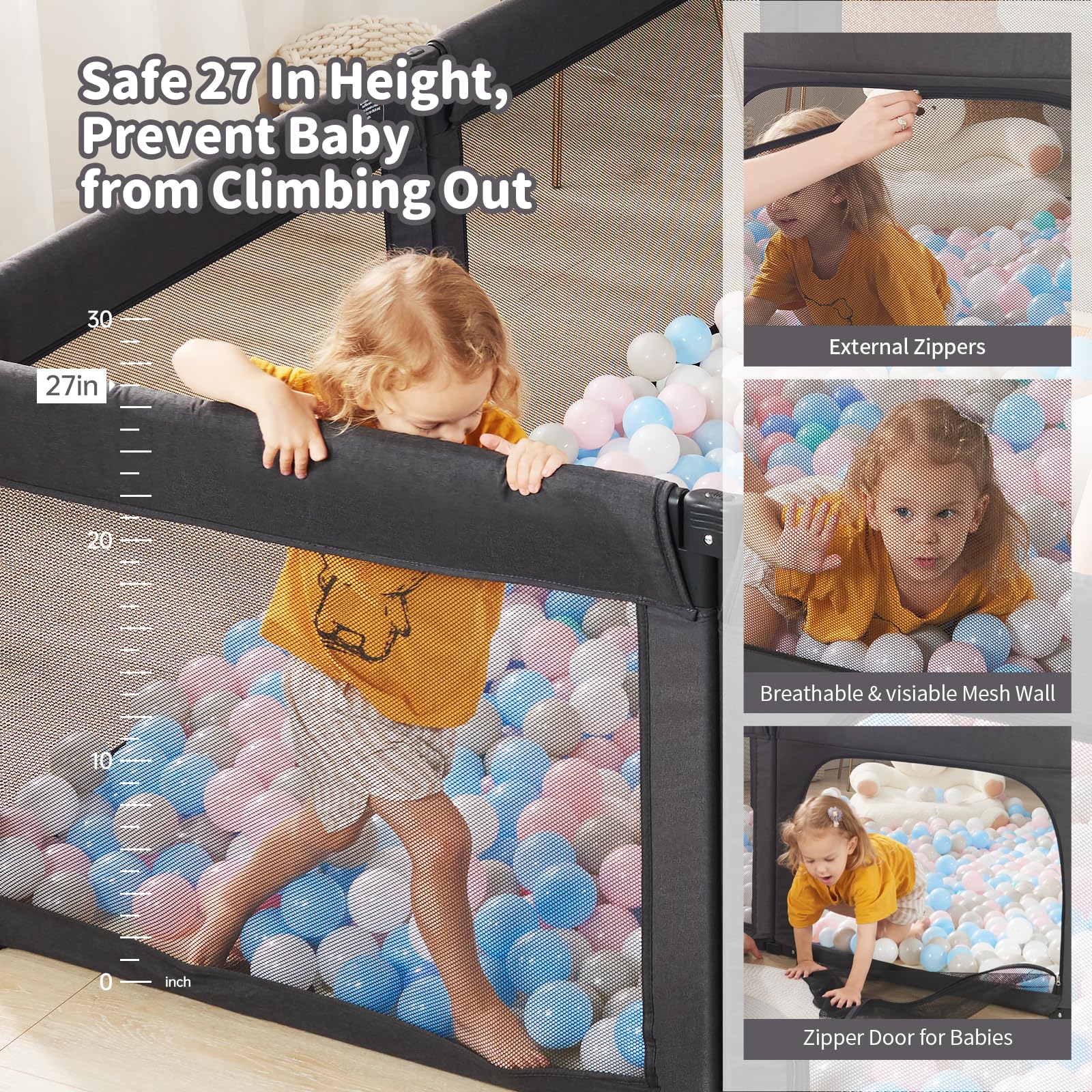 **Foldable Baby Playpen with Door - Adjustable Heavy-Duty Play Yard for Toddlers & Infants - Large Safety Play Area Fence - Ideal for Home, Nursery & Outdoor Use - Black**