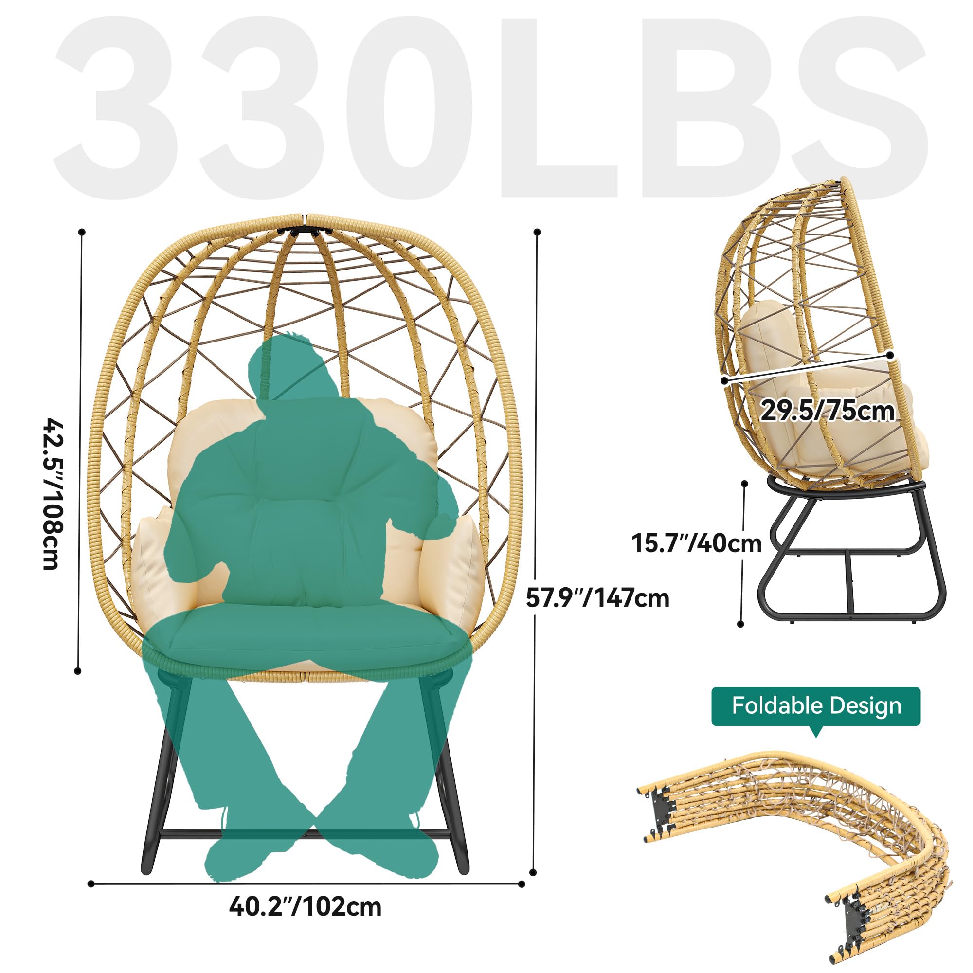YITAHOME Beige PE Rattan Egg Chair with Stand & Cushion - Indoor/Outdoor Hanging Lounge Chair for Patio, Garden, Backyard, Porch - Perfect for Relaxing, Reading & Sunbathing