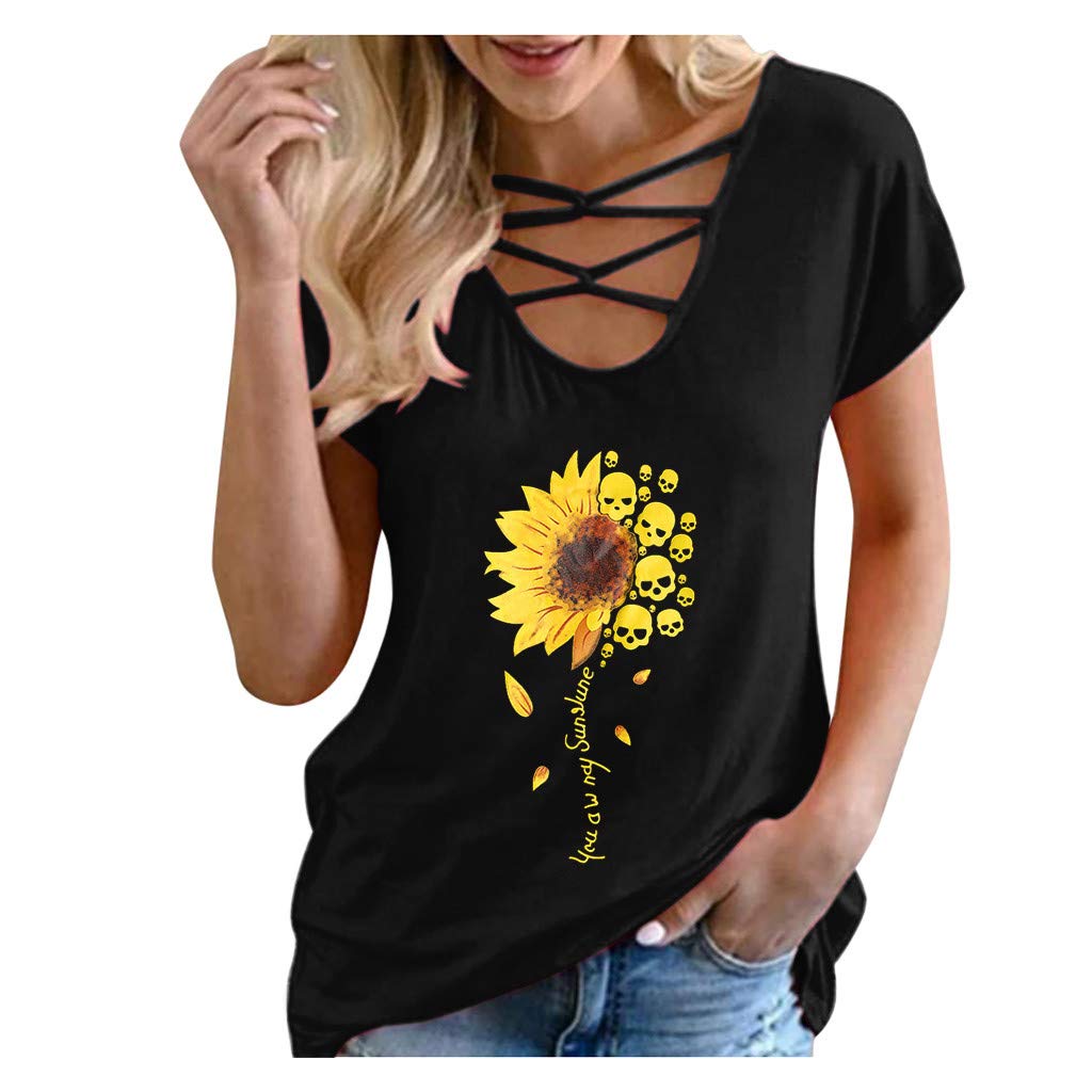 Lingbing Women's Summer T-Shirt - Short Sleeve Sunflower Print Criss Cross Casual Top, Loose Fit Tunic Blouse for Beach, Vacation & Everyday Wear