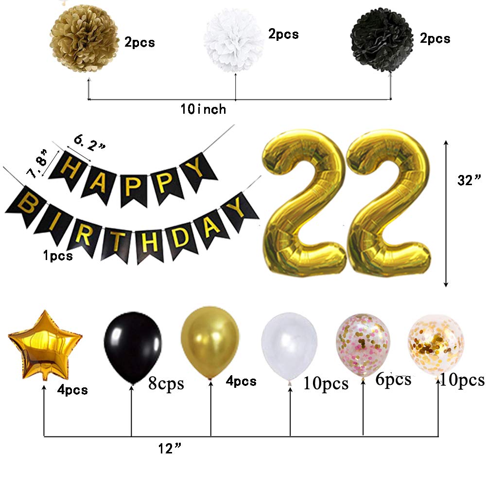 22nd Birthday Party Decorations Set - Happy Birthday Banner, Pom Pom Flowers, Gold Mylar Balloons & Latex Balloons with Number 22 Foil Balloons - Perfect for Birthday Celebrations, Photo Backdrops & Party Decor