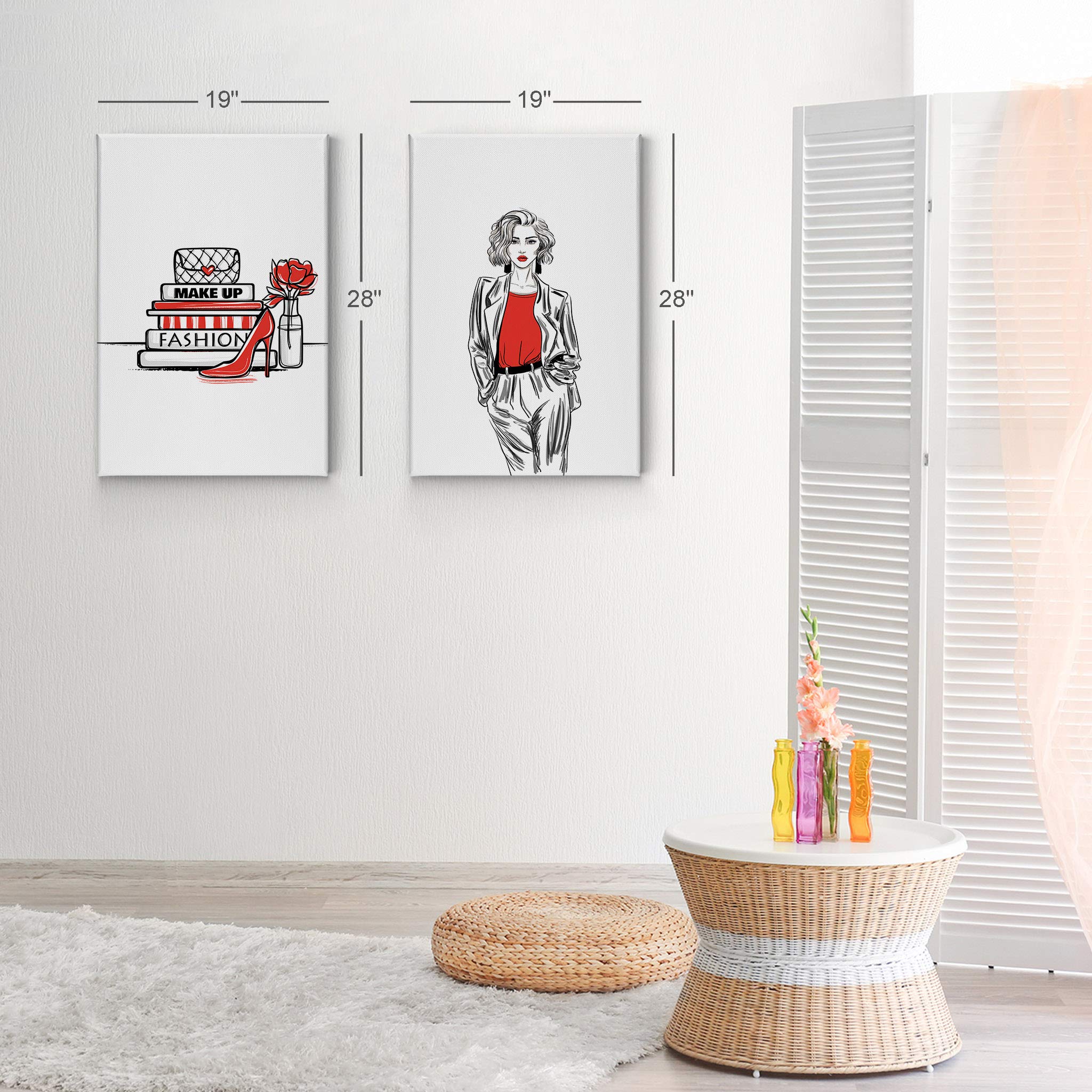 Glam Fashion Canvas Wall Art Set - 2 Piece Red, Black & White Book, Bag & High Heels Print - Ready to Hang Home & Office Decor (28x19 inches) - Perfect for Living Room, Bedroom, Dorm & Bathroom