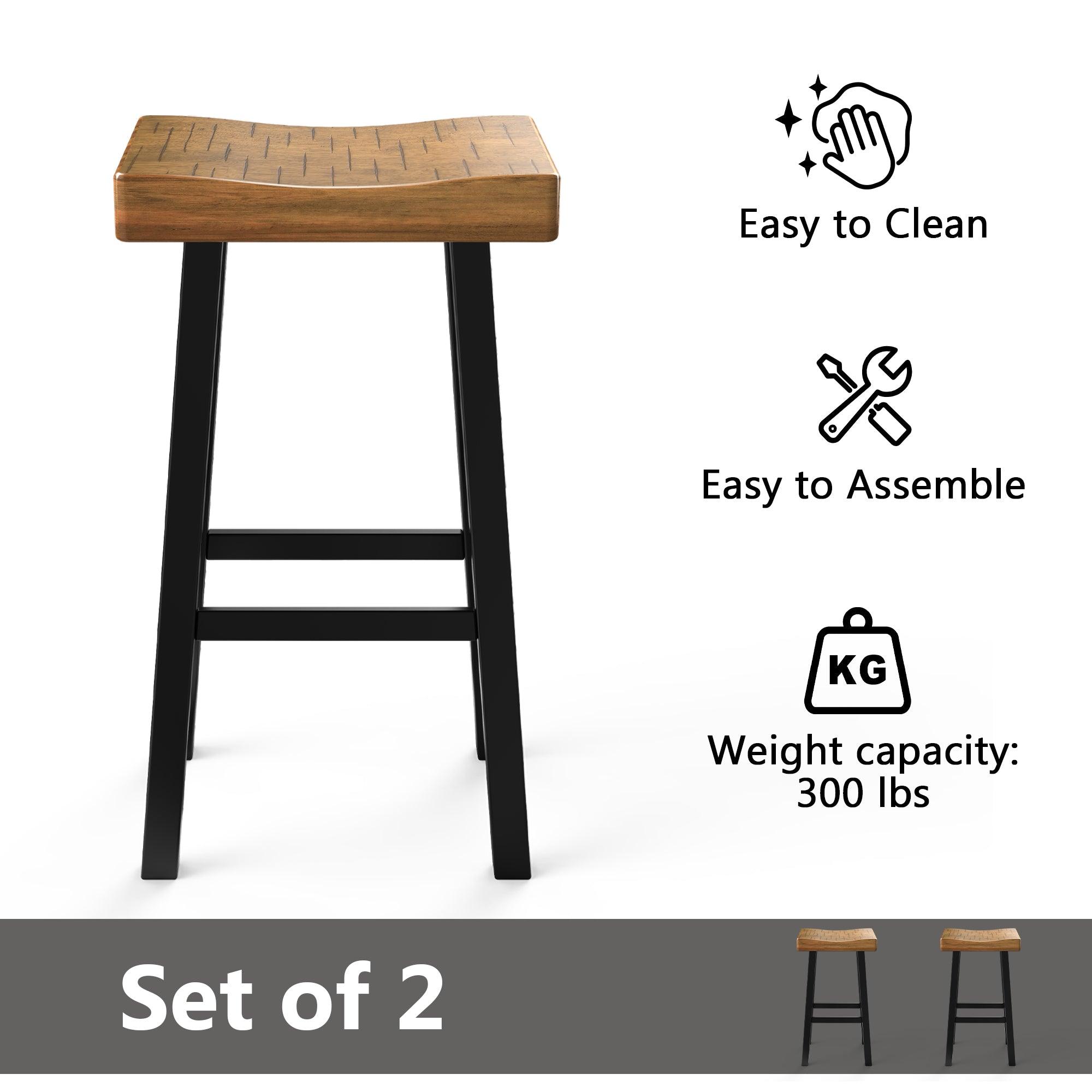 Set of 2 Farmhouse Solid Wood Bar Stools - Backless Saddle Seat Counter Height Chairs for Kitchen Island, Breakfast Nook & Home Office - Perfect for Rustic Decor, Dining & Small Space Living