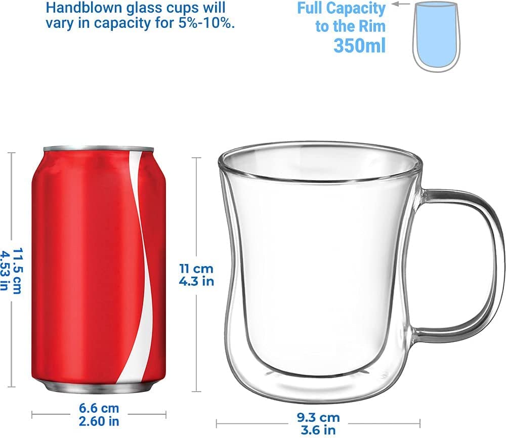Ecooe 12 oz Double Walled Glass Coffee Mug Set of 2 - Insulated Borosilicate Heat Resistant Cups for Latte, Cappuccino & Tea - Perfect for Home, Office & Gifts