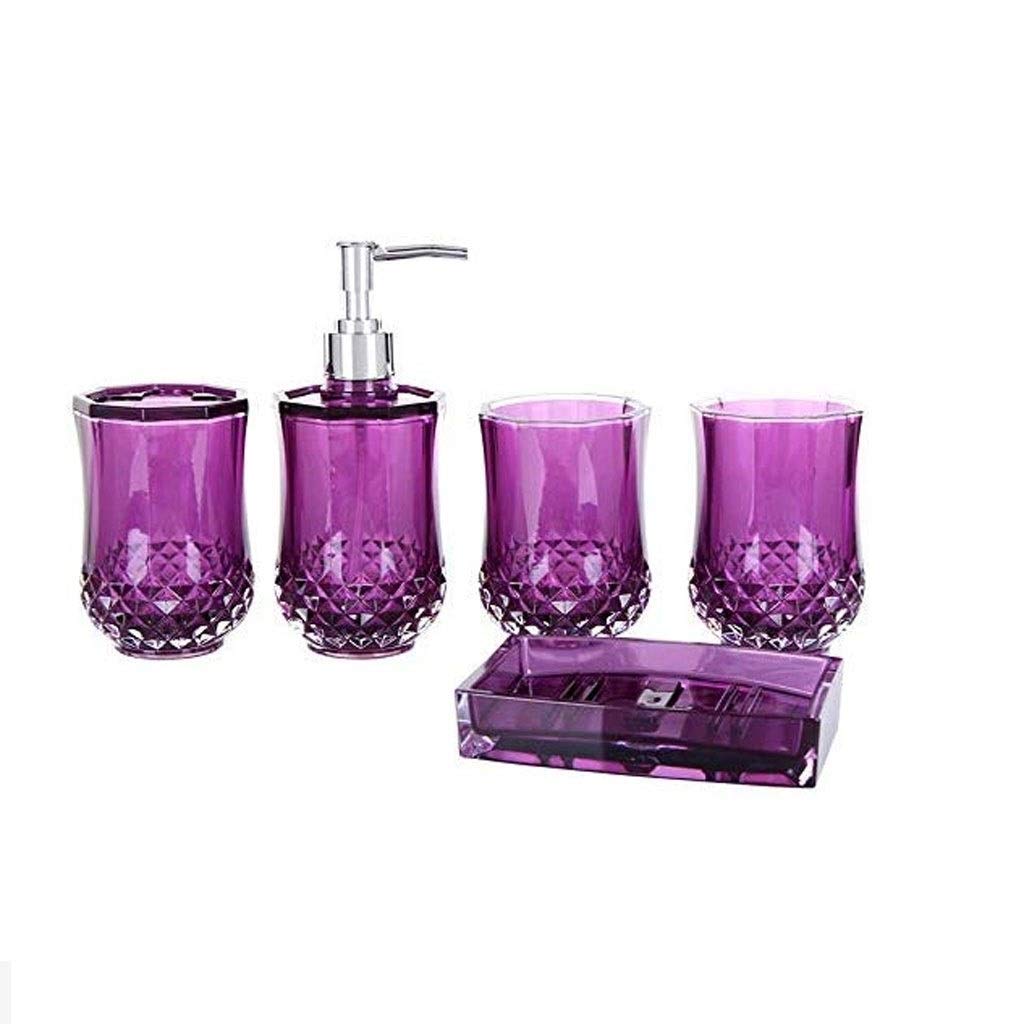 Acrylic 5-Piece Bathroom Set - Soap Dispenser, Toothbrush Holder, 2 Toothbrush Cups & Soap Dish - Modern Purple Bath Accessories for Kitchen & Bathroom Organization