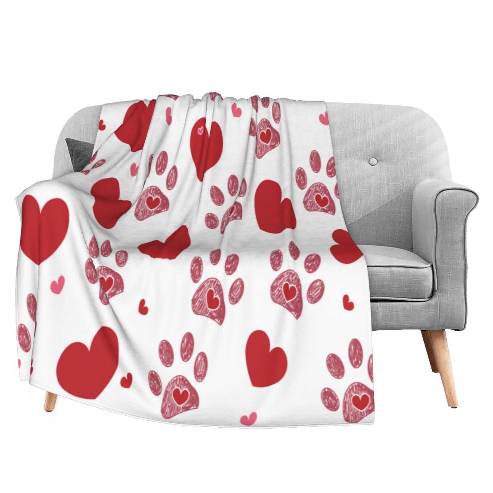 Valentine's Day Flannel Fleece Throw Blanket 50x60 - Dog Paw Print for Bedroom & Sofa - Cozy All-Season Use