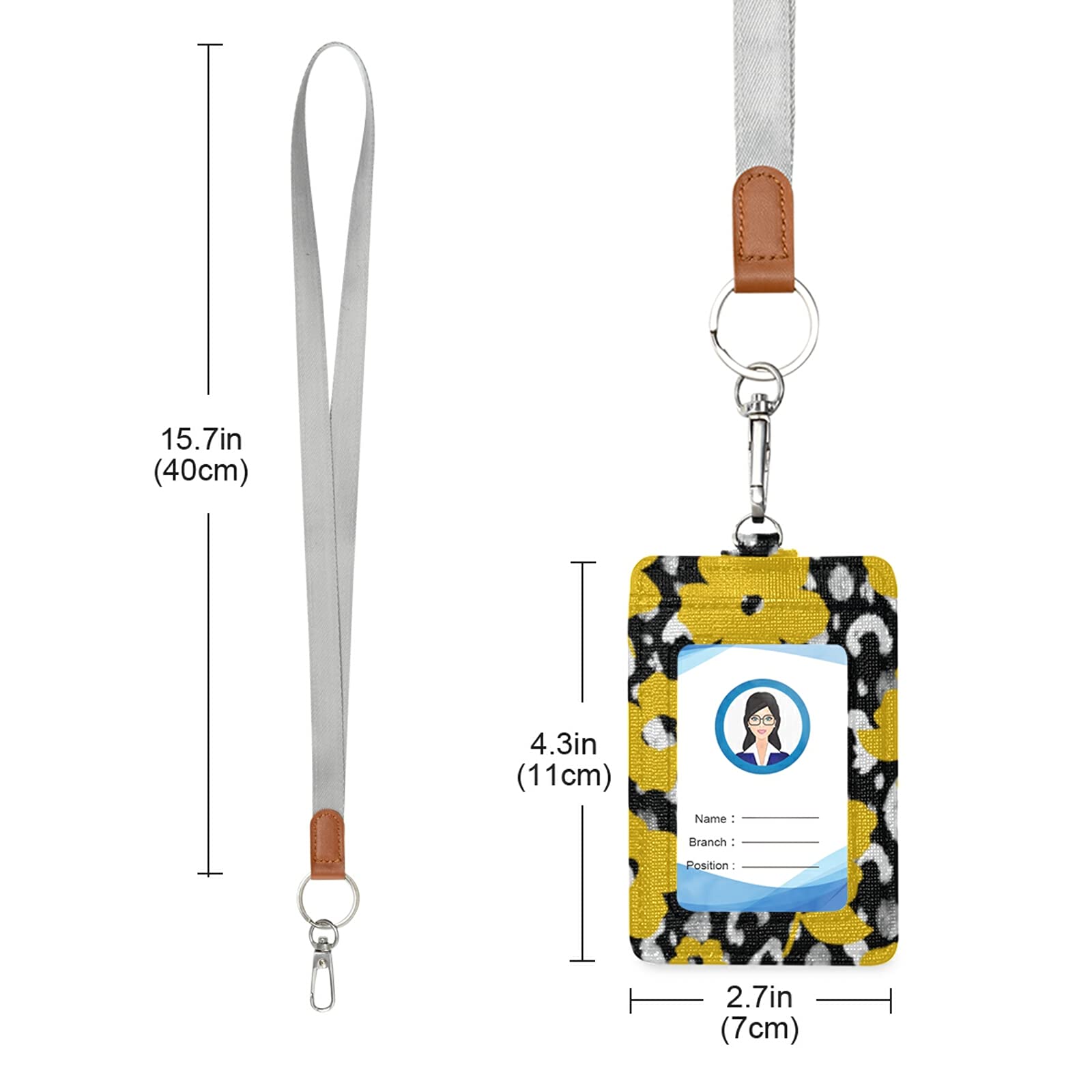 Yellow Leather ID Badge Holder with Lanyard - 2 Card Slots for Office & School Staff