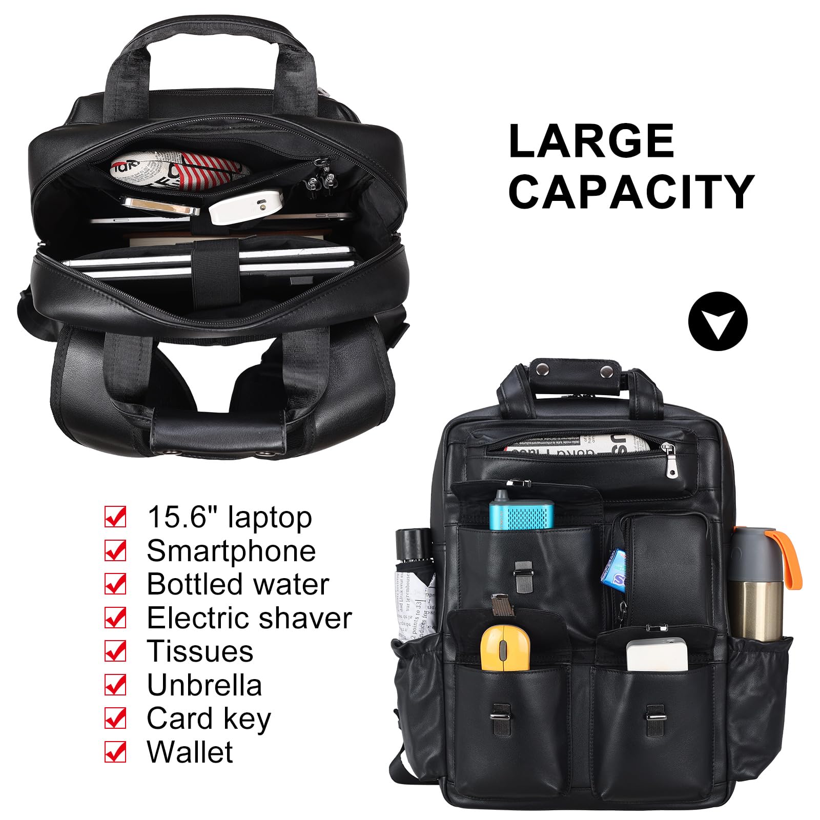Stylish Black Leather Backpack for Men - 15.6 Inch Laptop Bag with Multiple Pockets - Durable Rucksack for Business, Work, Travel & Daily Use - Perfect for Commuting, Office & College