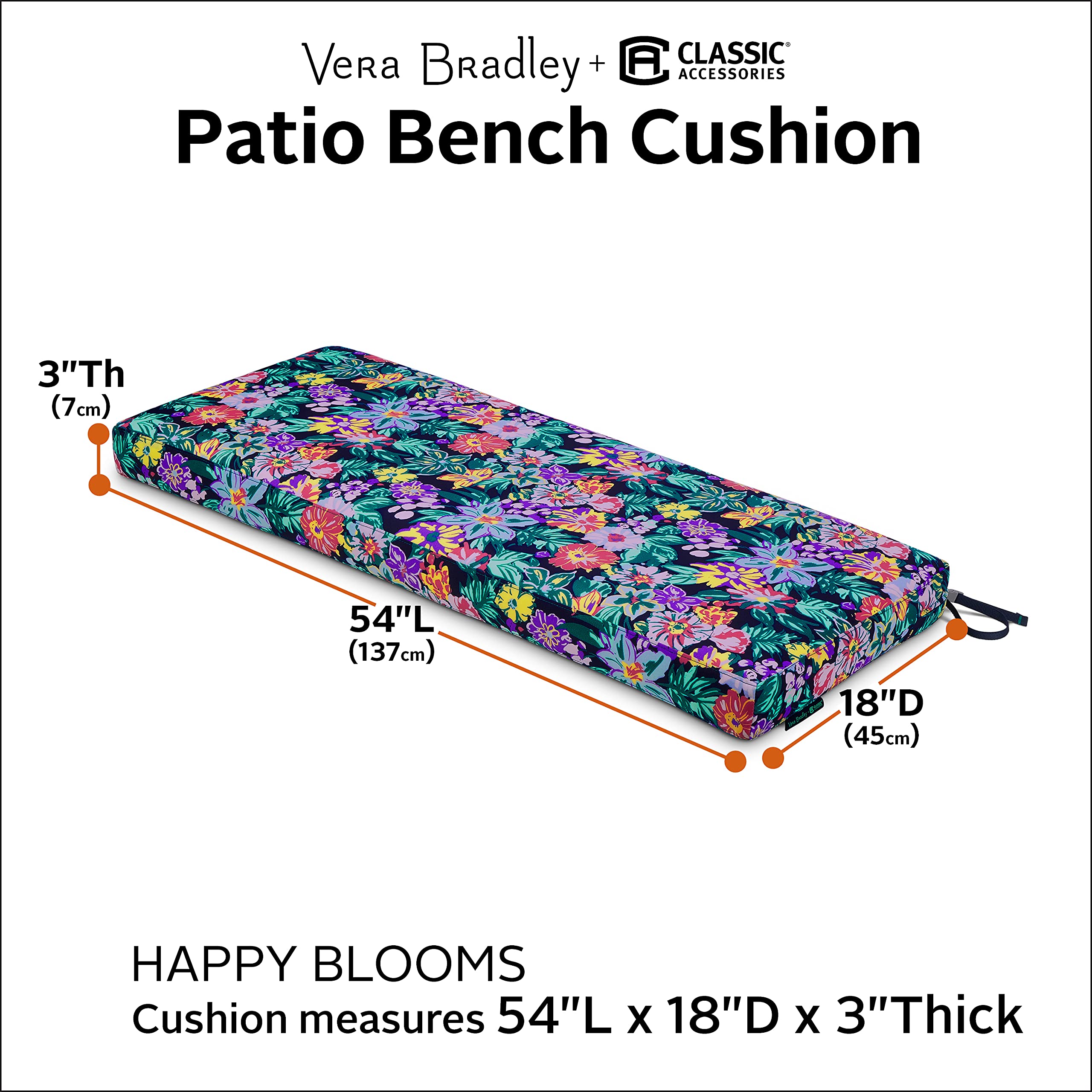 Vera Bradley Water-Resistant Patio Bench Cushion 54x18x3in - Happy Blooms for Outdoor Furniture
