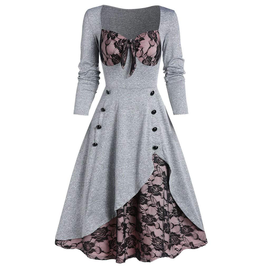 Vintage Bowknot Mock Button Lace Flower Dress for Women - Plus Size Party & Formal Occasion Elegant Dress