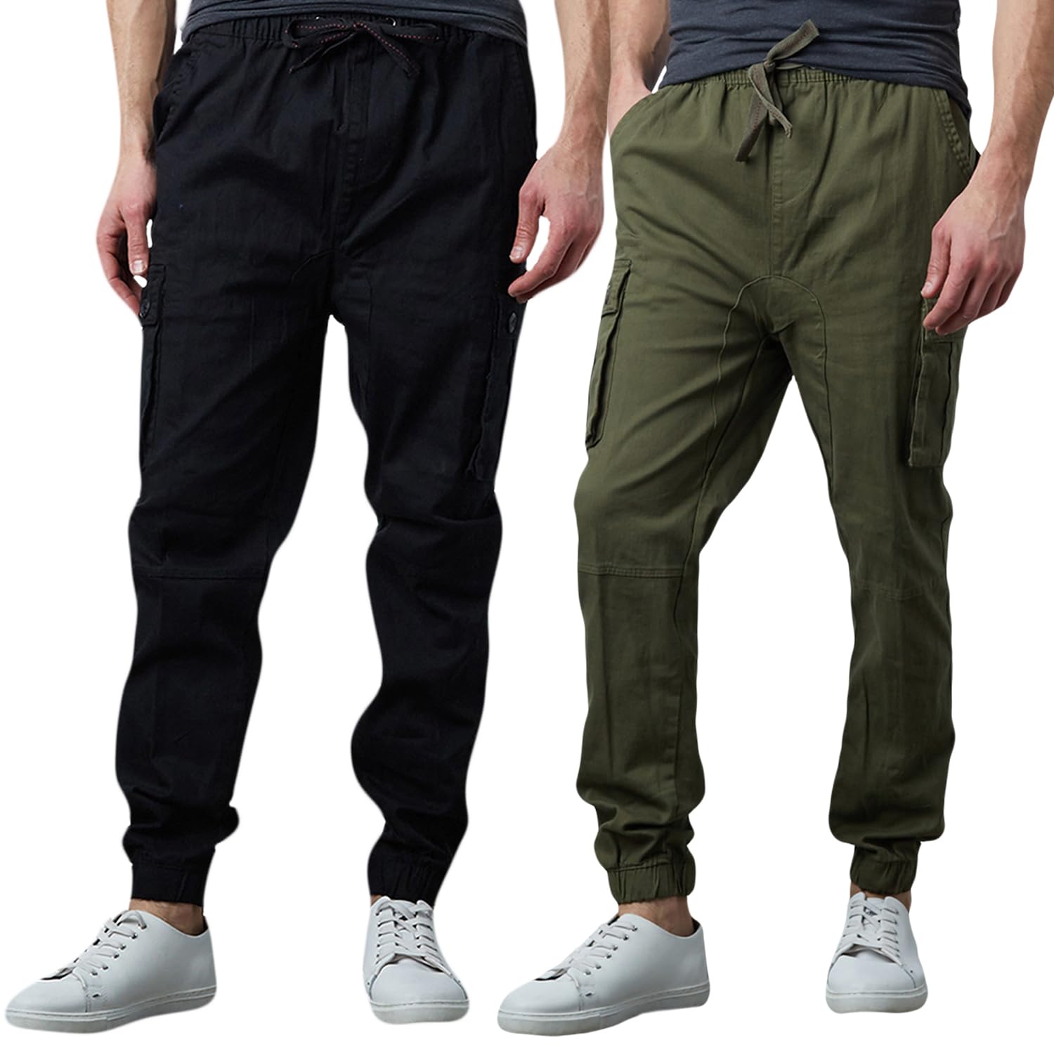 Men's Cotton Twill Cargo Joggers - Stretch Multi-Pocket Drawstring Pants for Casual Wear, Lounge & Outdoor Activities (2-Pack) | Perfect for Gym, Travel & Everyday Comfort