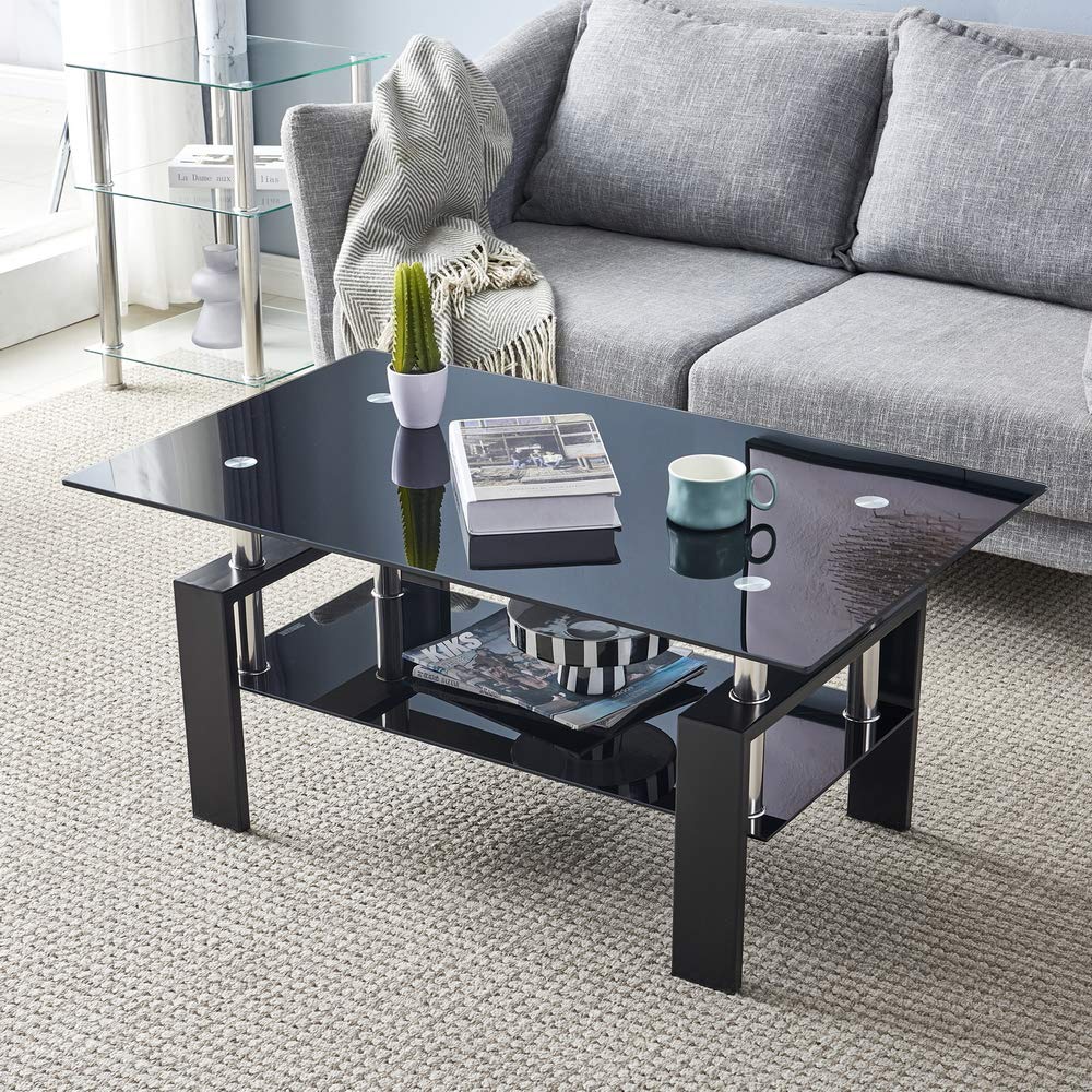 2-Tier Rectangle Glass Coffee Table with Lower Shelf - Modern Black Living Room Coffee Table for Home & Office Decor