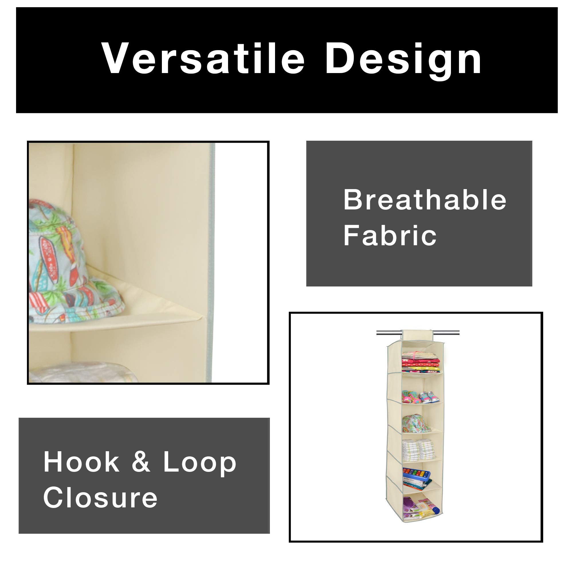 Smart Design 6-Tier Shelf Cubby Hanging Organizer with Hook & Loop - VentilAir Breathable Material for Clothing, Accessories & Closet Storage - Beige with Slate Trim - Perfect for Bedroom, Bathroom & Home Organization
